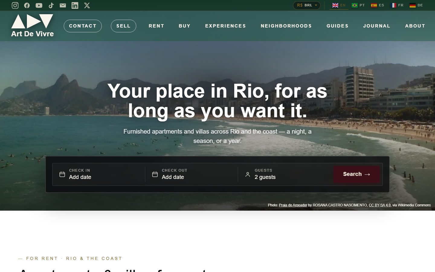 The Rent page: the headline 'Your place in Rio, for as long as you want it' over a photo of a beach and mountains, a search bar with check-in, check-out and guests, and a photo credit line.