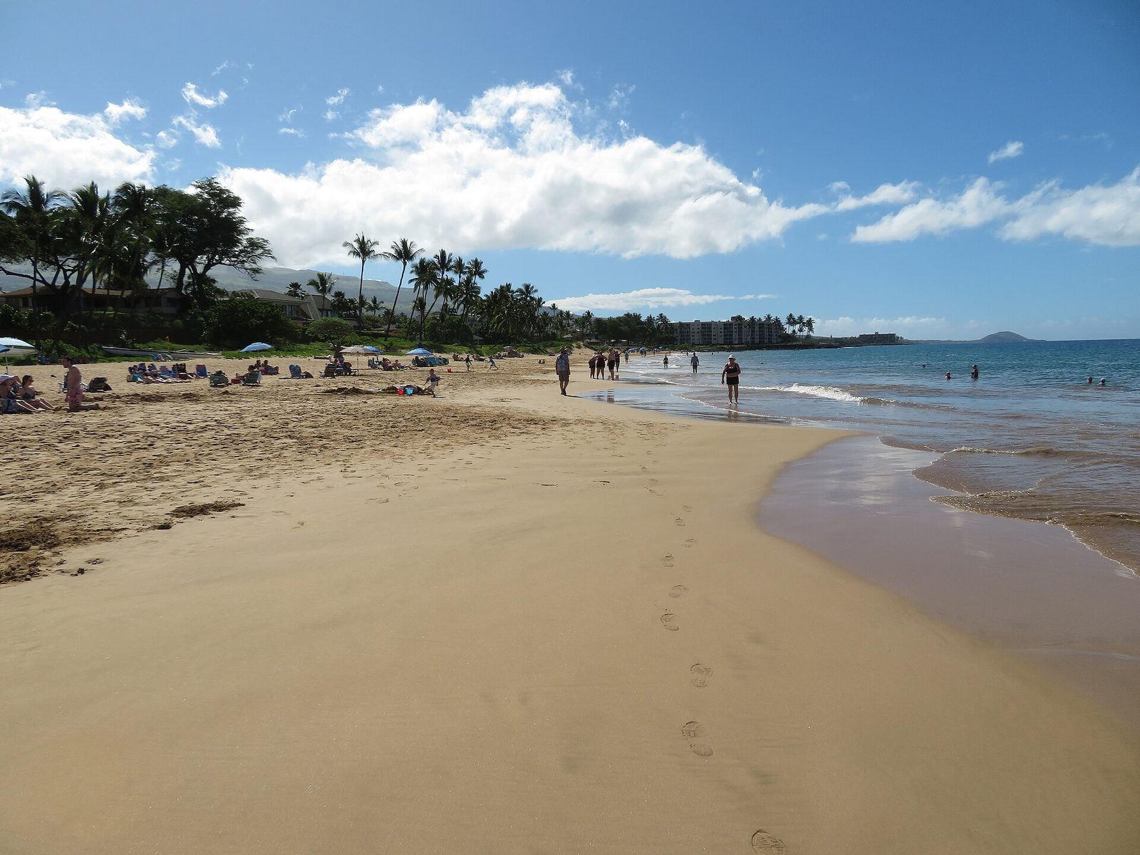 A long golden beach at Kamaʻole Beach Park in Kīhei, with footprints in the wet sand, people walking at the water’s edge, coconut palms and low buildings behind, and a small hill on the point far away