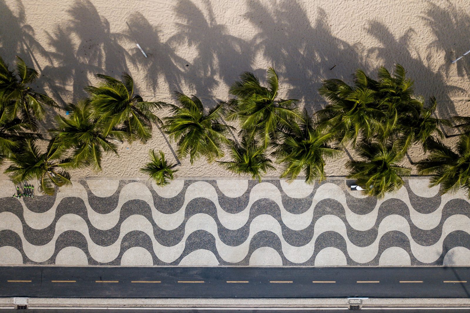 Looking straight down on Copacabana's promenade: black and white wave paving between a row of palm trees on the sand and the edge of the avenue