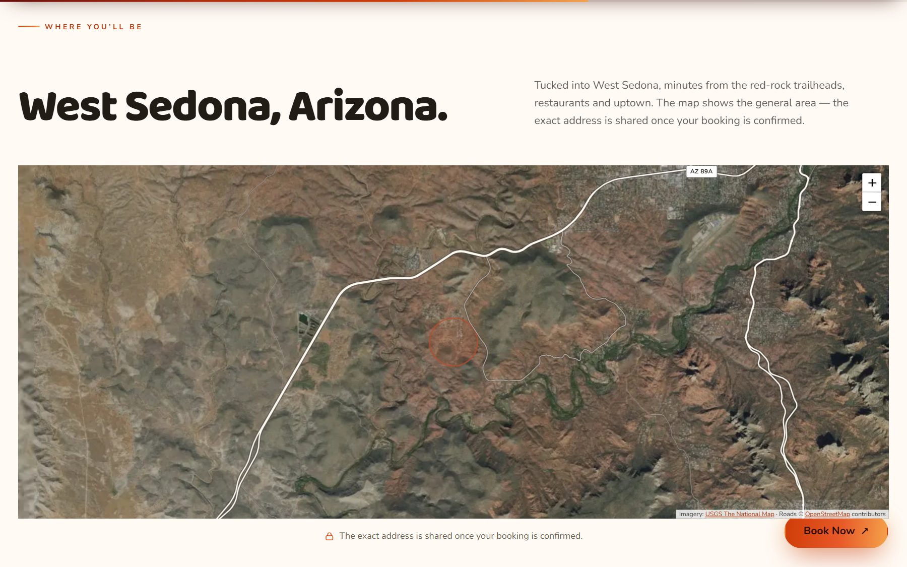 Home page section headed 'West Sedona, Arizona' above a satellite map: highway AZ 89A drawn in white, a winding green creek corridor, and a red circle marking the general area of the house.