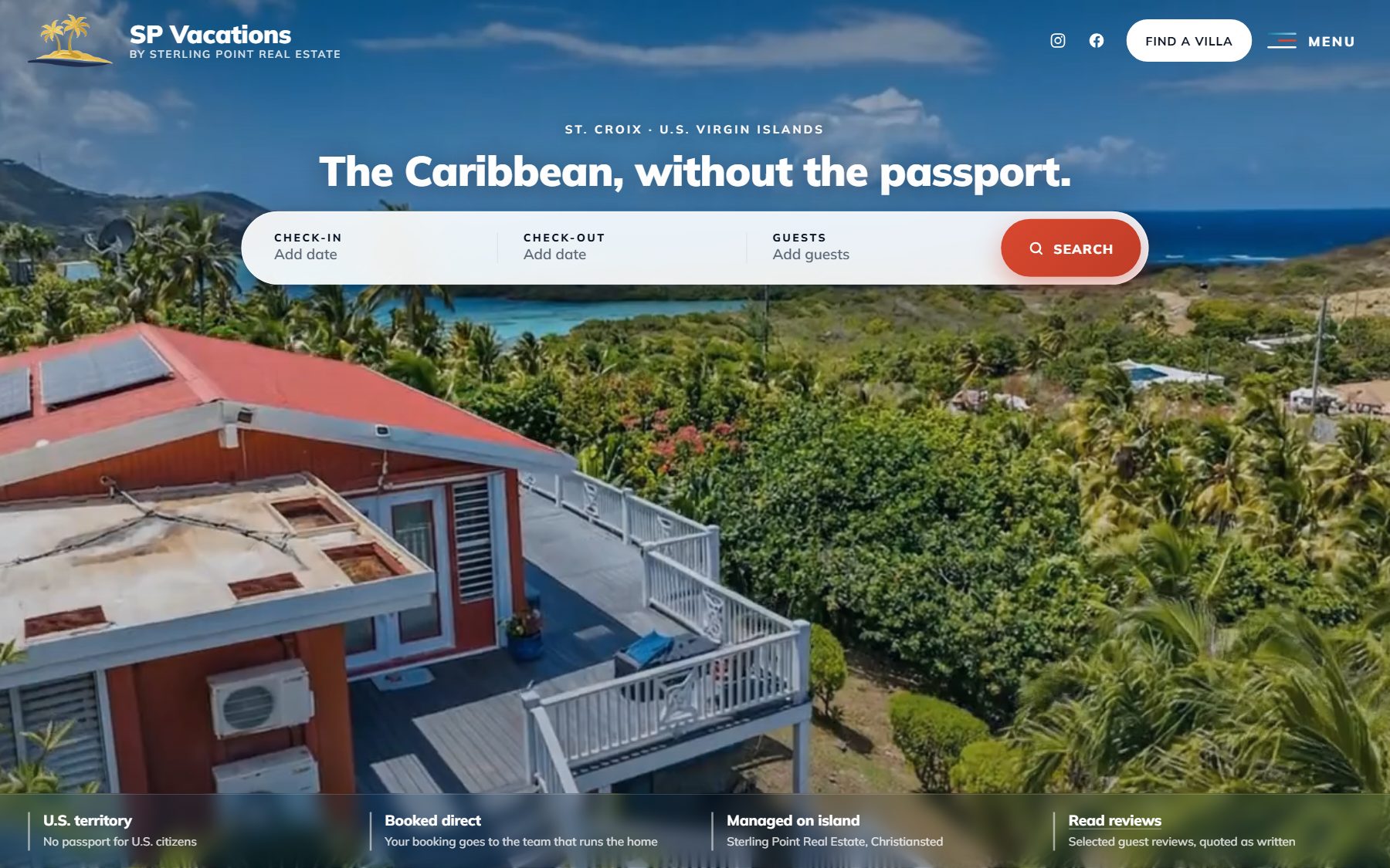 The SP Vacations home page: a headline reading The Caribbean, without the passport, above a search bar with check-in, check-out, guests and a red Search button, over aerial footage of a red-roofed house and a green coast.