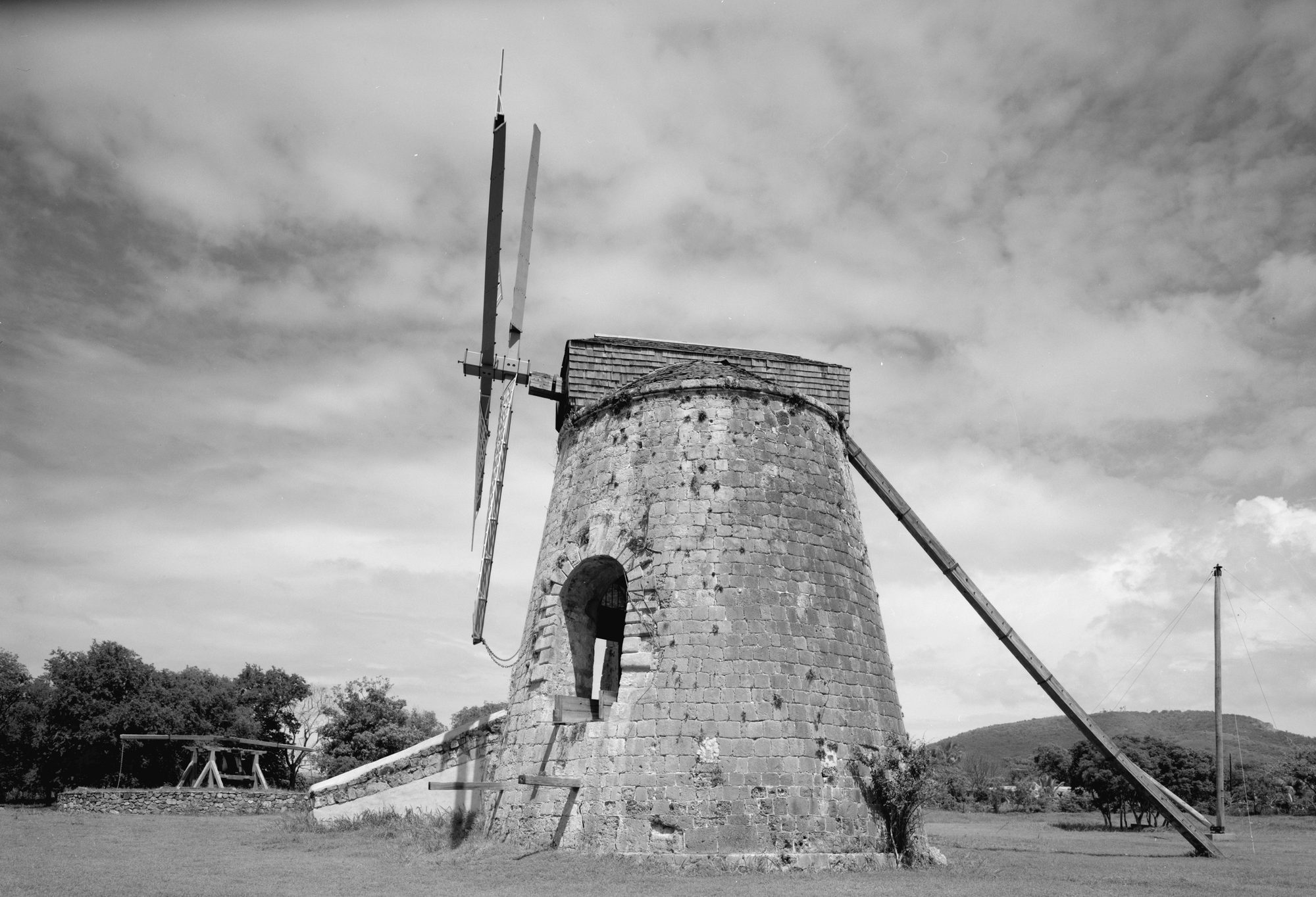 The stone sugar windmill at Estate Whim near Frederiksted on St. Croix, in a black and white survey photograph