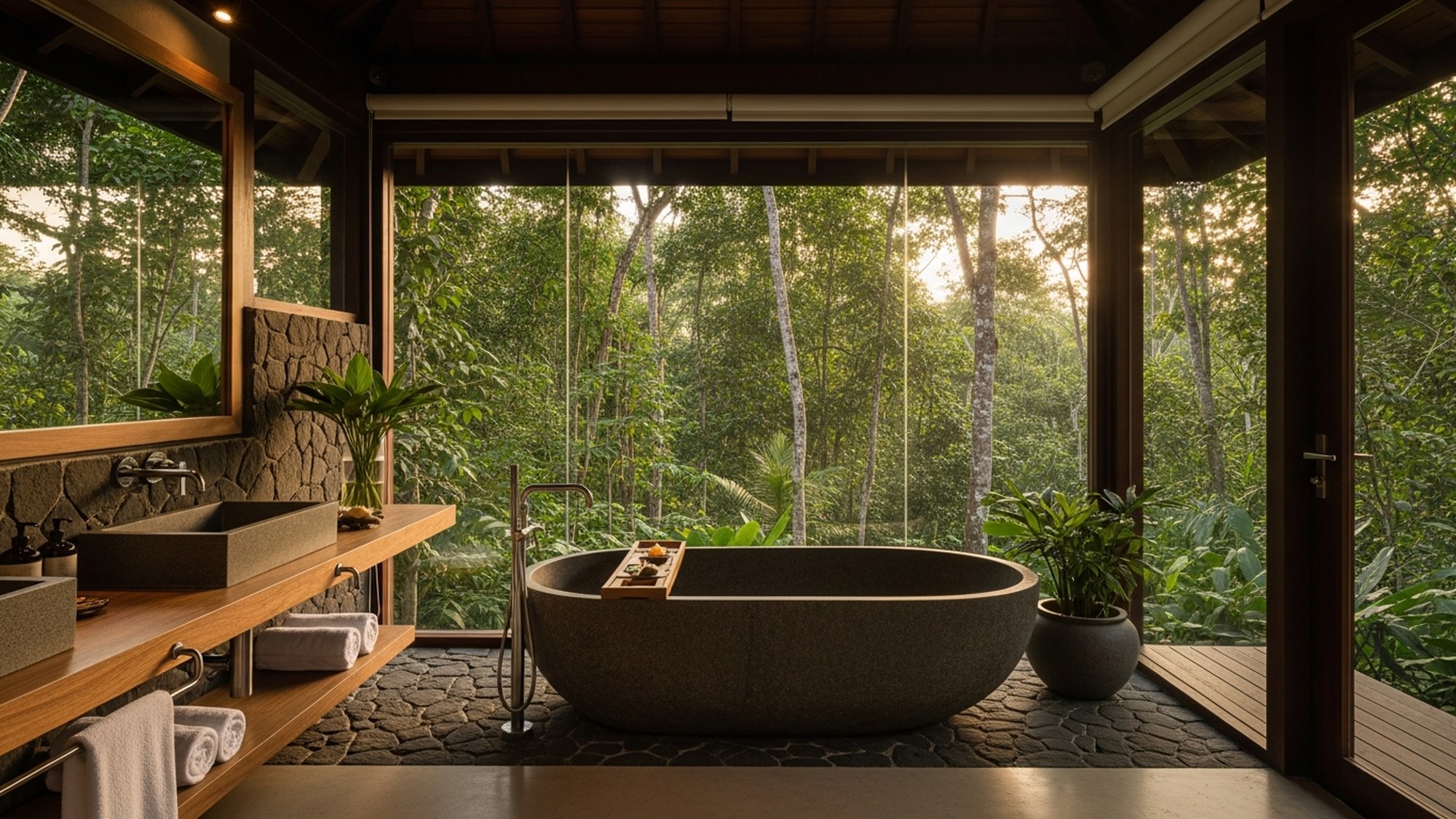 Stone bathroom open to the trees