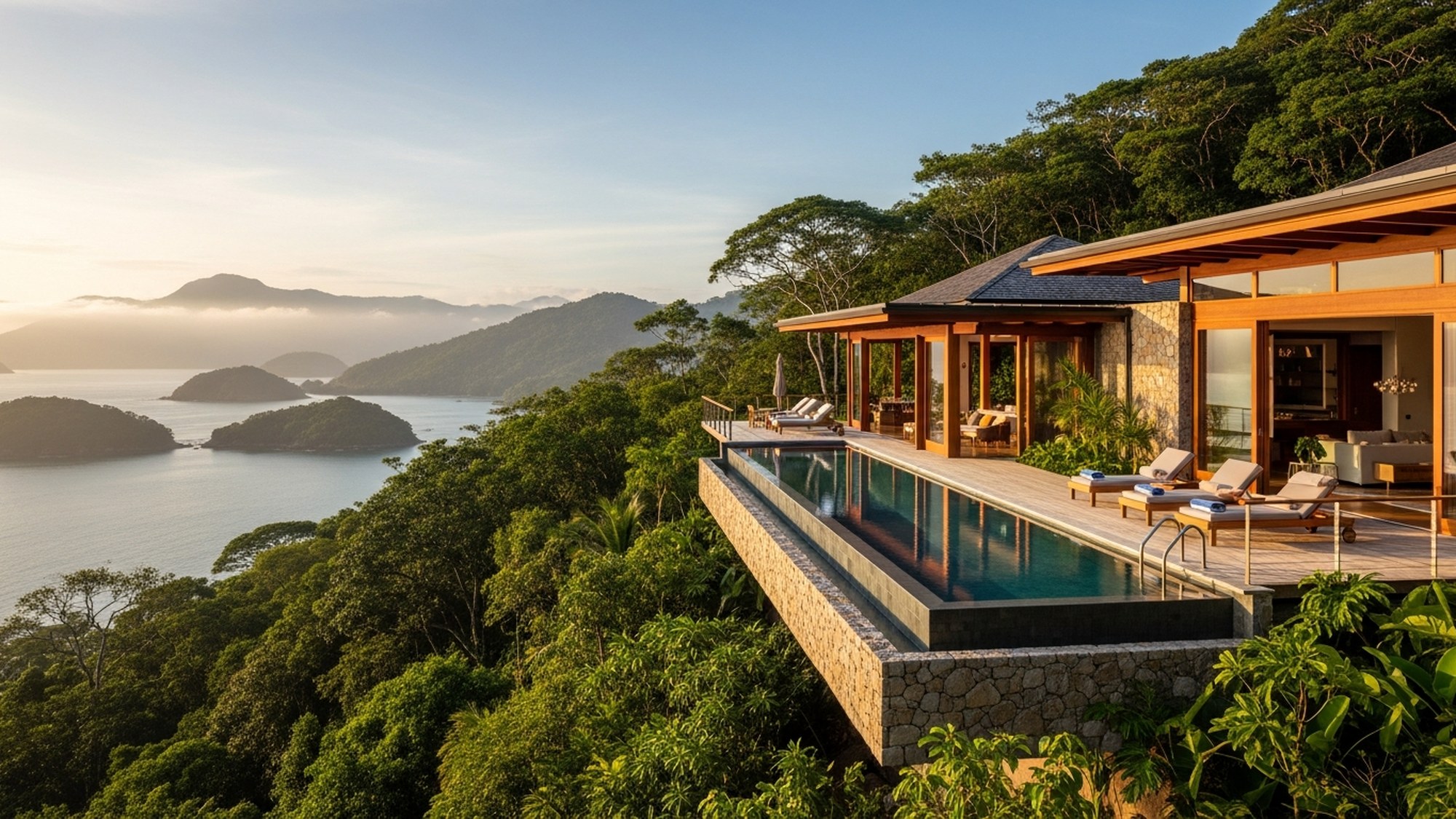 Amorielli villa at golden hour above the Bay of Paraty, with infinity pool and Atlantic Forest