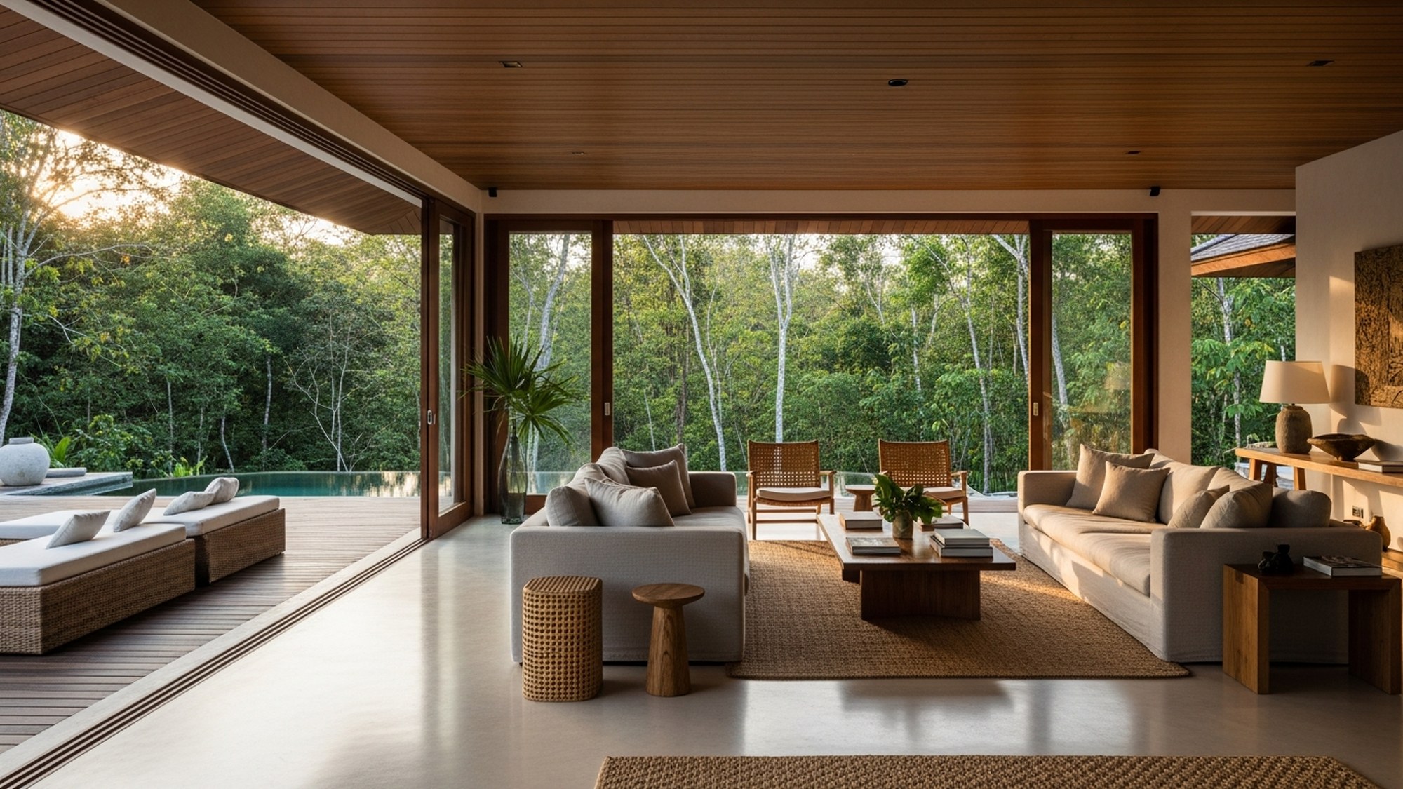 Open-plan living room at Amorielli opening onto the forest and pool deck