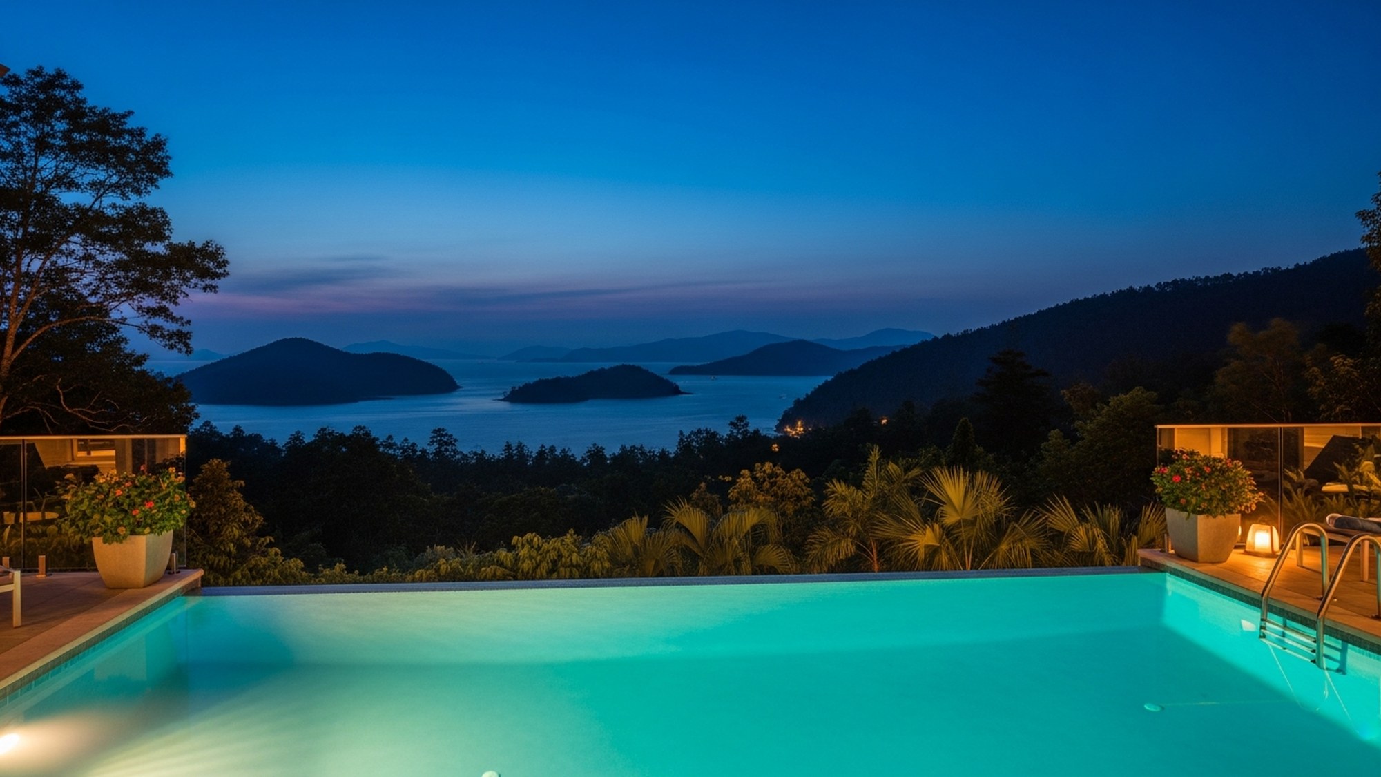The Amorielli infinity pool lit at dusk