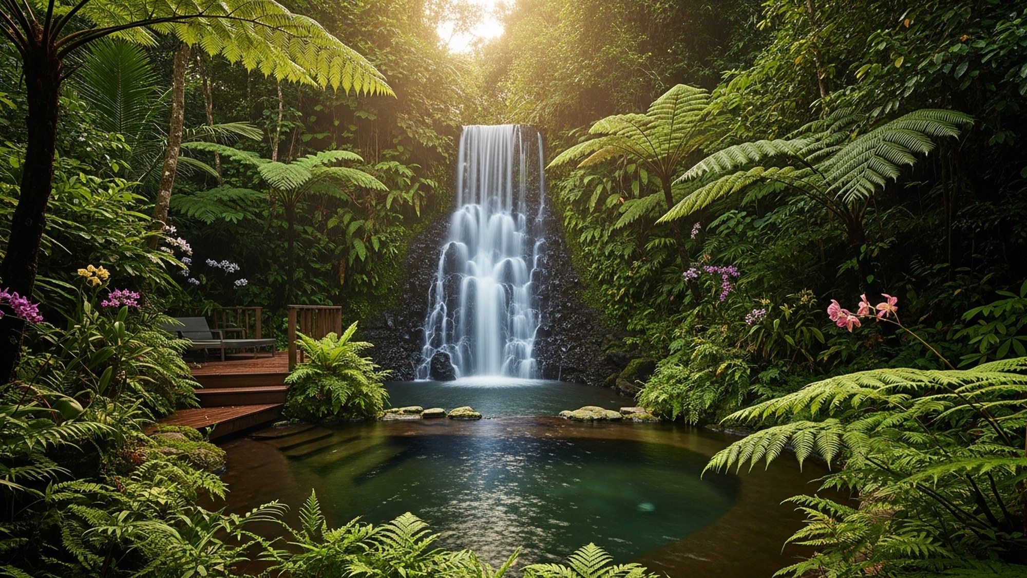 Private waterfall and natural plunge pool in the garden at Amorielli