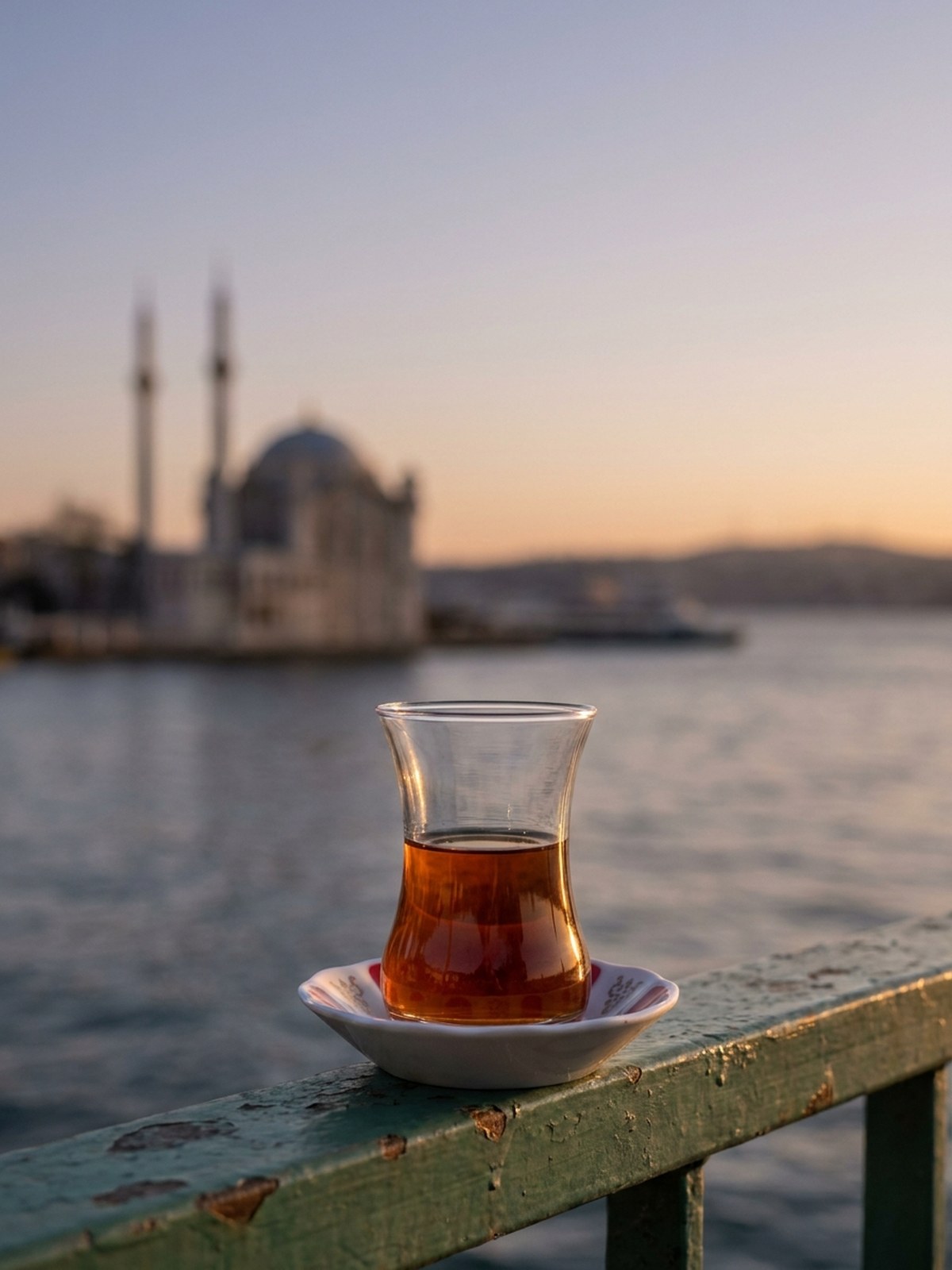 Istanbul — Vol. 0 · No. 09 concept cover: One glass of tea on a ferry railing: the whole city is a crossing, taken slowly, on the water at dusk.