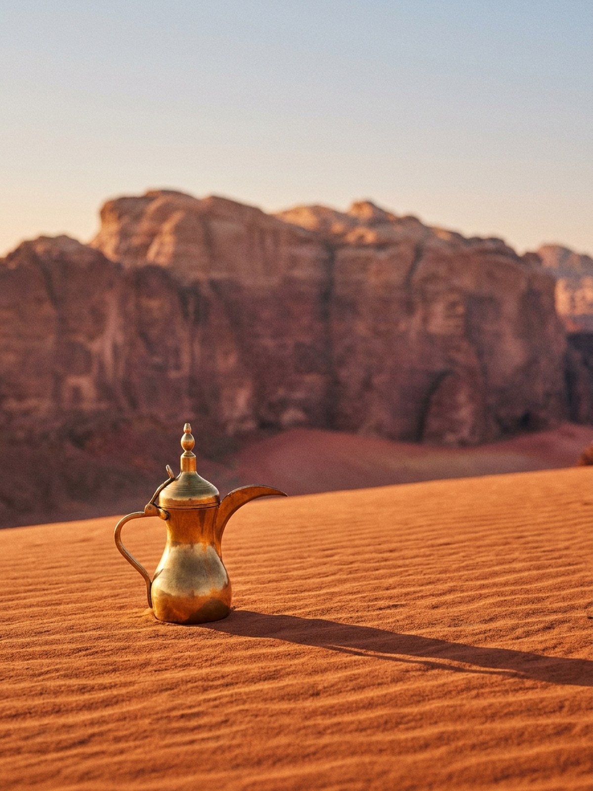 Petra & Wadi Rum — Vol. 0 · No. 03 concept cover: One brass coffee pot in the sand: the desert's welcome, and the whole issue in a single object.