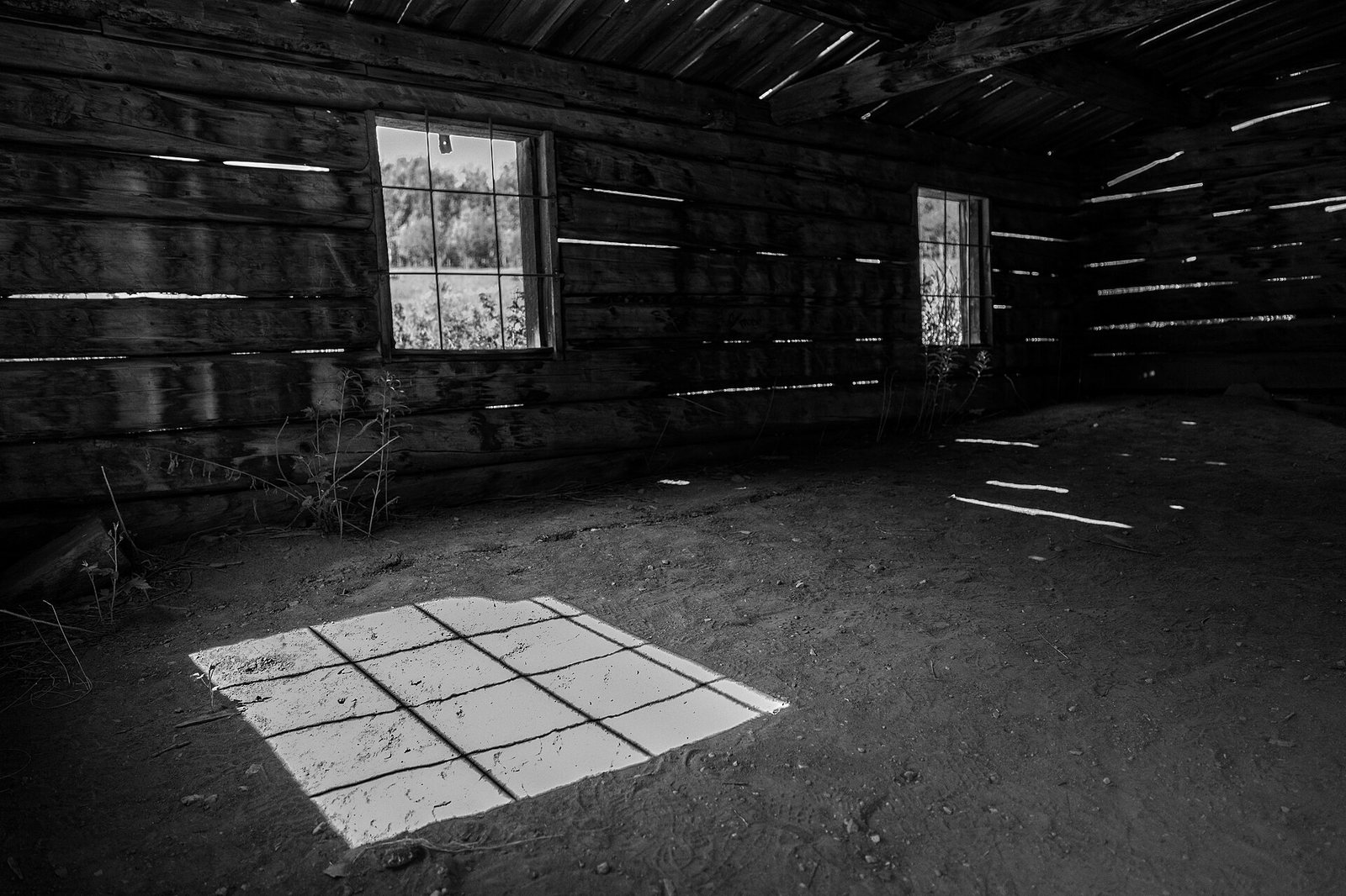 A black and white interior view of a wooden log building with two windows, a dirt floor, and sunlight casting a grid pattern on the ground.