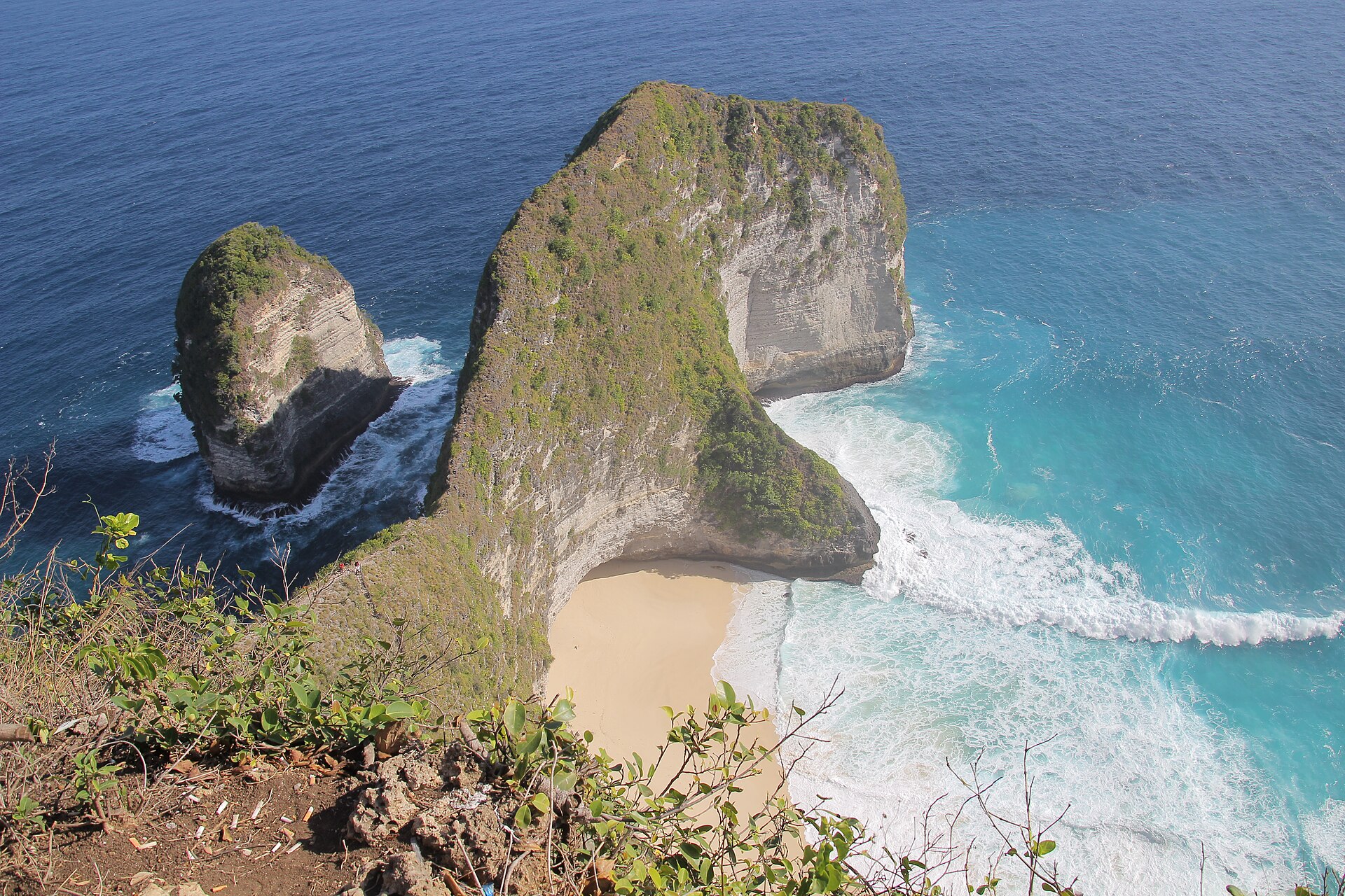 A high limestone headland shaped like a dinosaur's back above a curved white beach and turquoise sea at Kelingking, Nusa Penida.