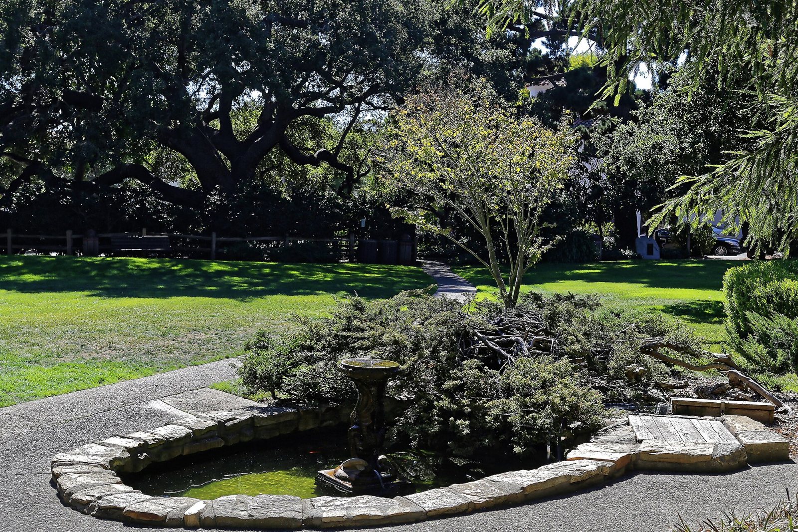 A stone-lined pond with a fountain in a park, surrounded by grass and trees, with a path leading into the background.