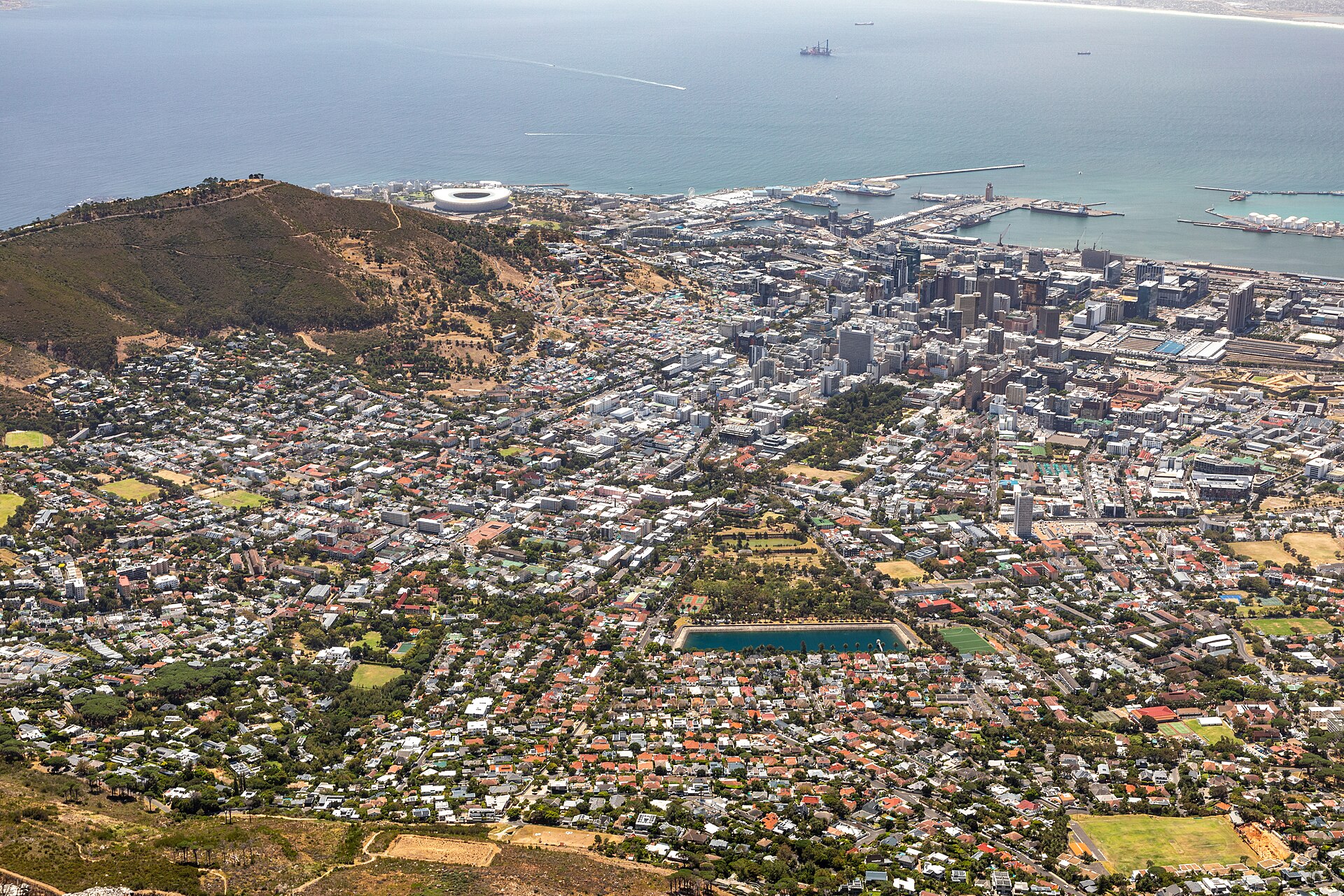 View over Cape Town's City Bowl and harbor from Signal Hill, with Table Bay beyond