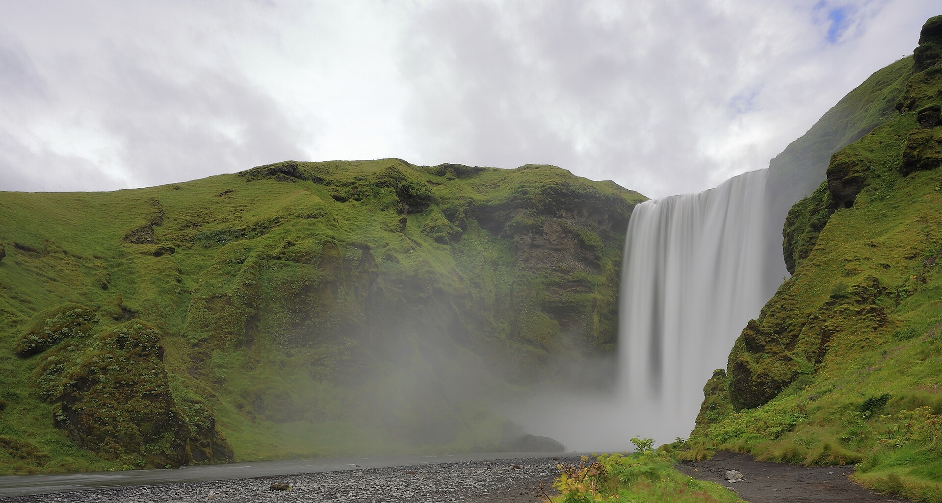 A tall waterfall dropping over a green cliff onto a wide flat plain on Iceland's south coast.