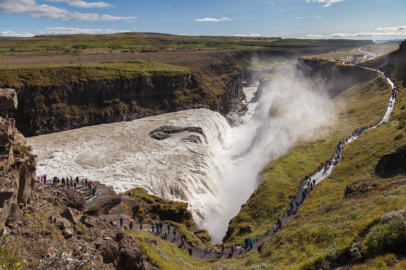 A wide view of Gullfoss waterfall in a canyon, with water cascading into a misty gorge, and numerous visitors on paths along the banks.