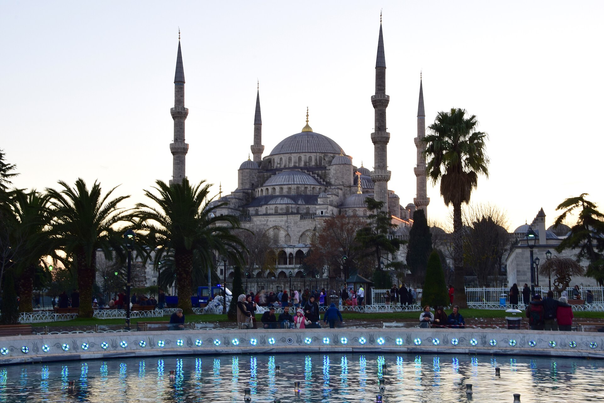 The domed exterior of Hagia Sophia with its four minarets seen against the sky.