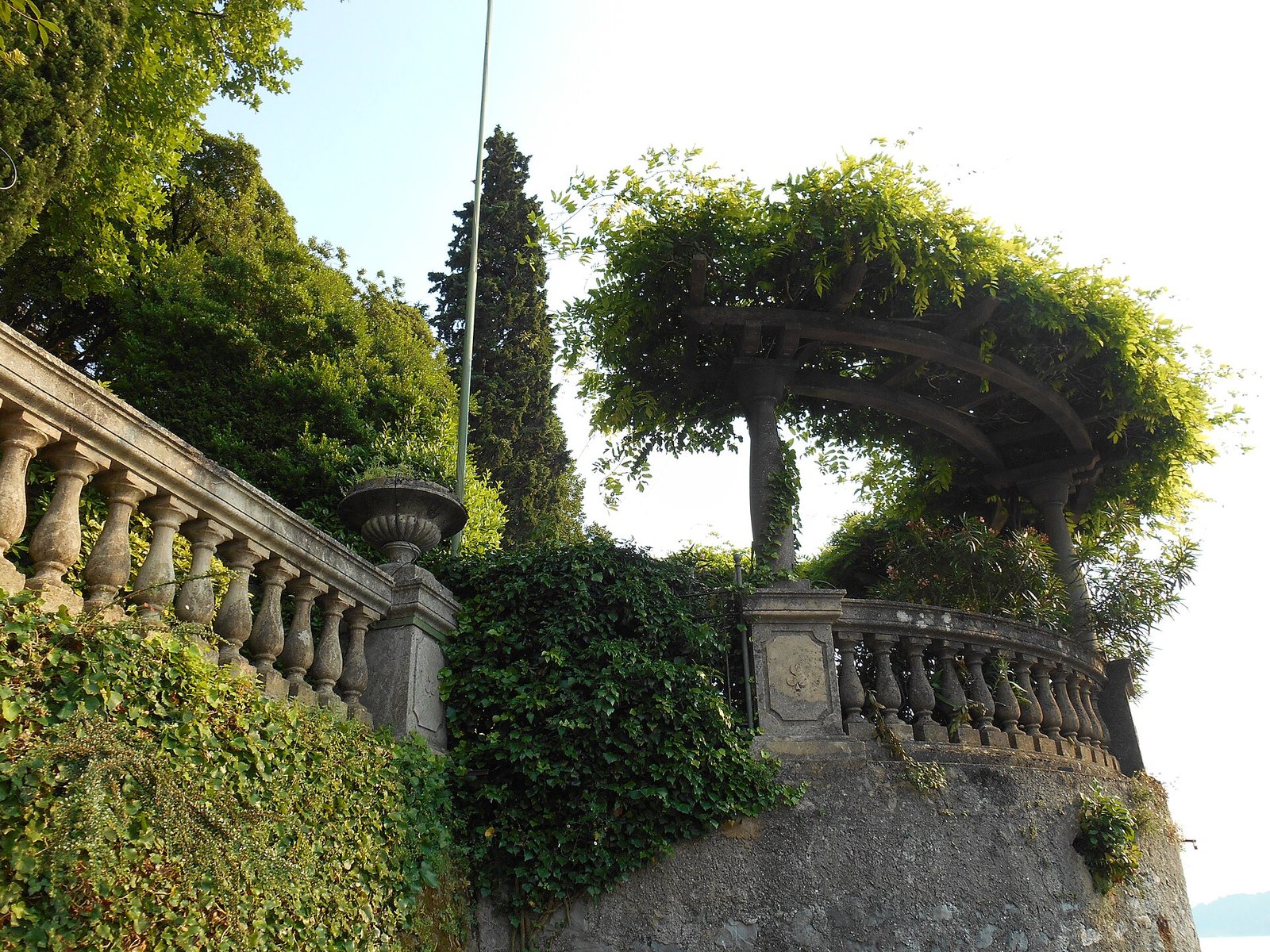 A stone balustrade and wall covered in ivy, with tall trees and a leaf-covered pergola visible against a bright sky.