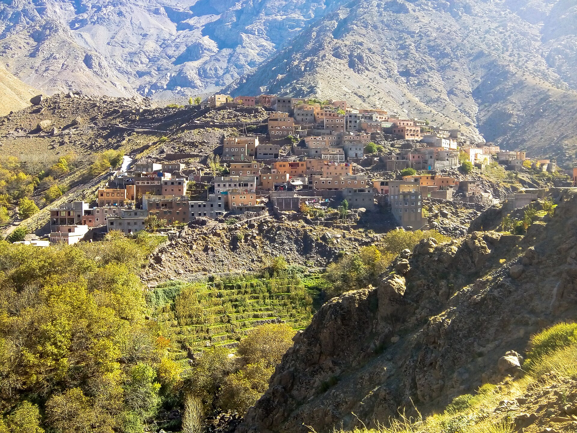 Stone village and terraced slopes in the High Atlas mountains near Marrakech