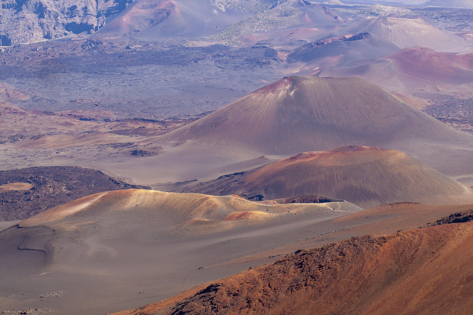 The summit crater of Haleakalā on Maui at dawn, a wide volcanic basin dotted with red and brown cinder cones under a clear sky, seen from the rim.