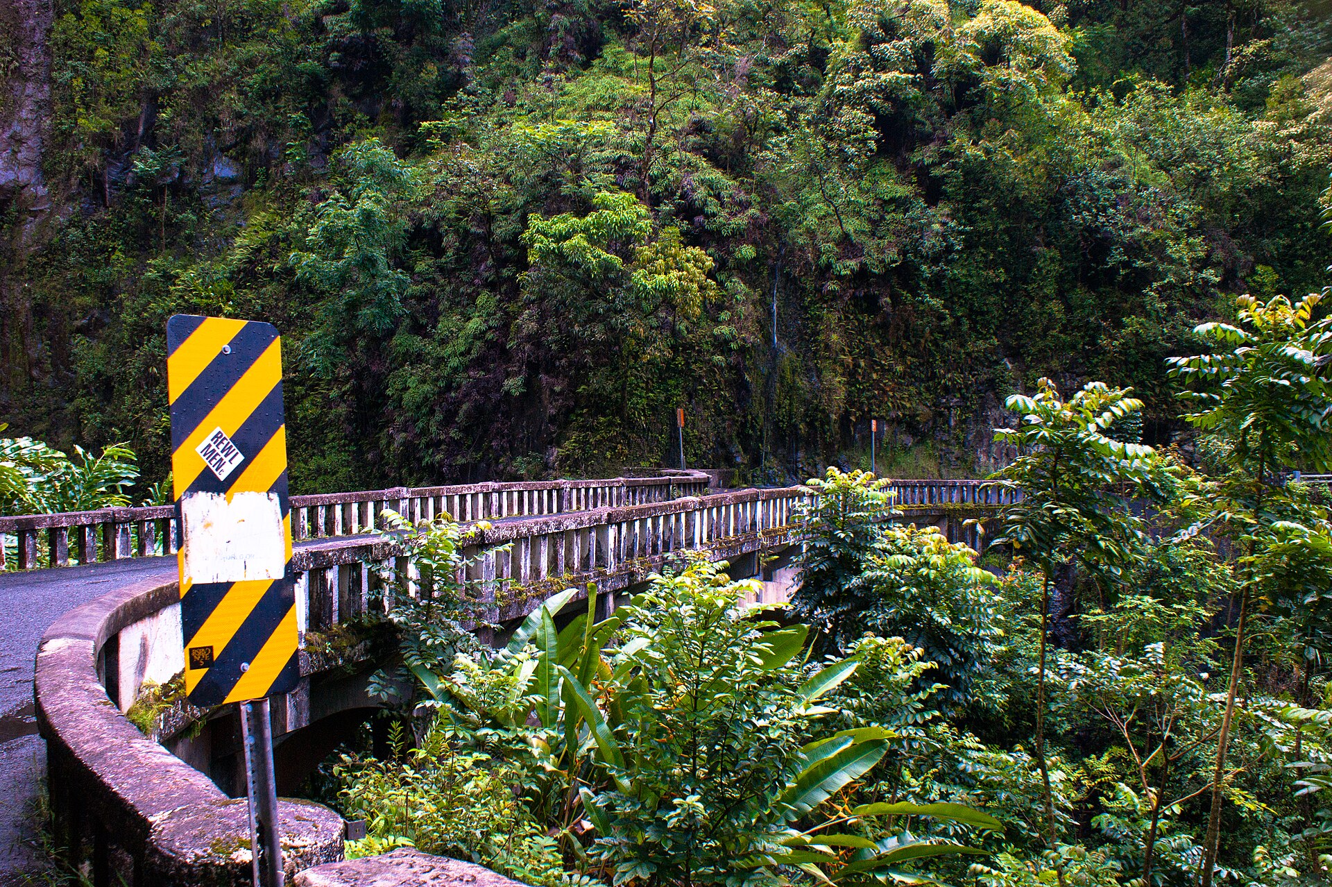 The Road to Hāna on the windward coast of Maui, a narrow highway of curves and one-lane bridges winding through dense green rainforest.