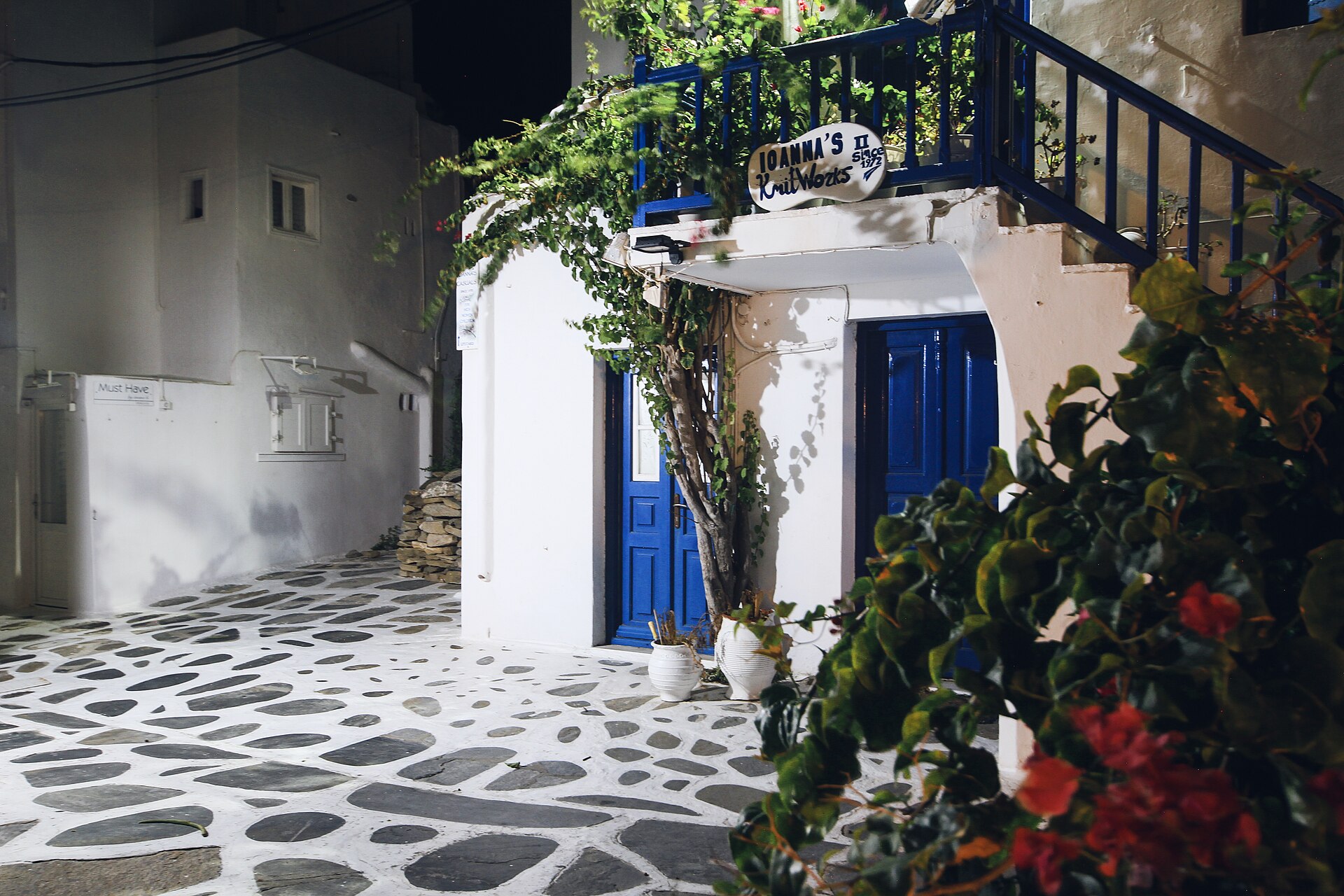 Whitewashed cube houses and narrow paved lanes in Mykonos Town, Chora