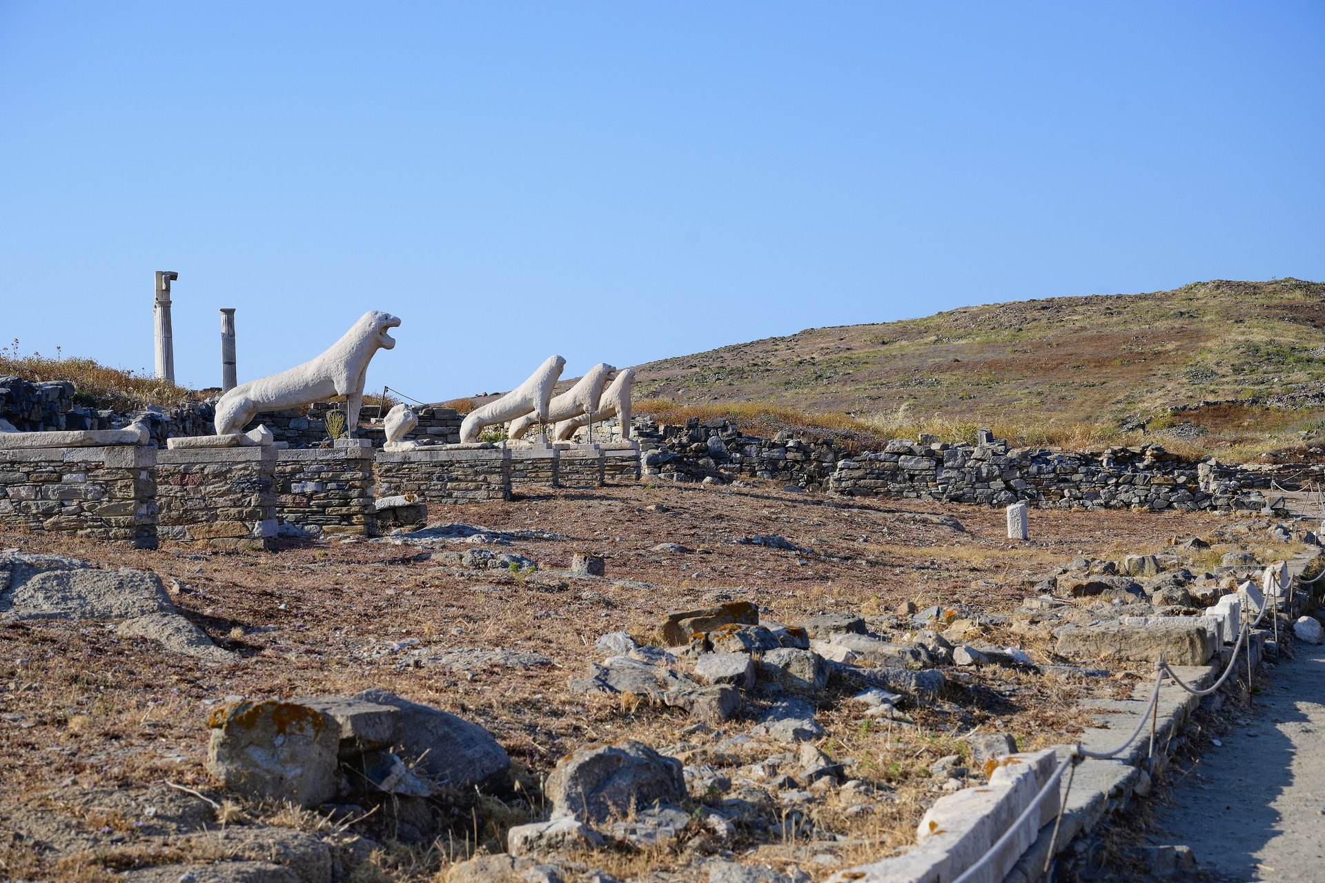 Stone lions in a row on the Terrace of the Lions at the Delos archaeological site, with column stumps and ruins around them under a blue sky