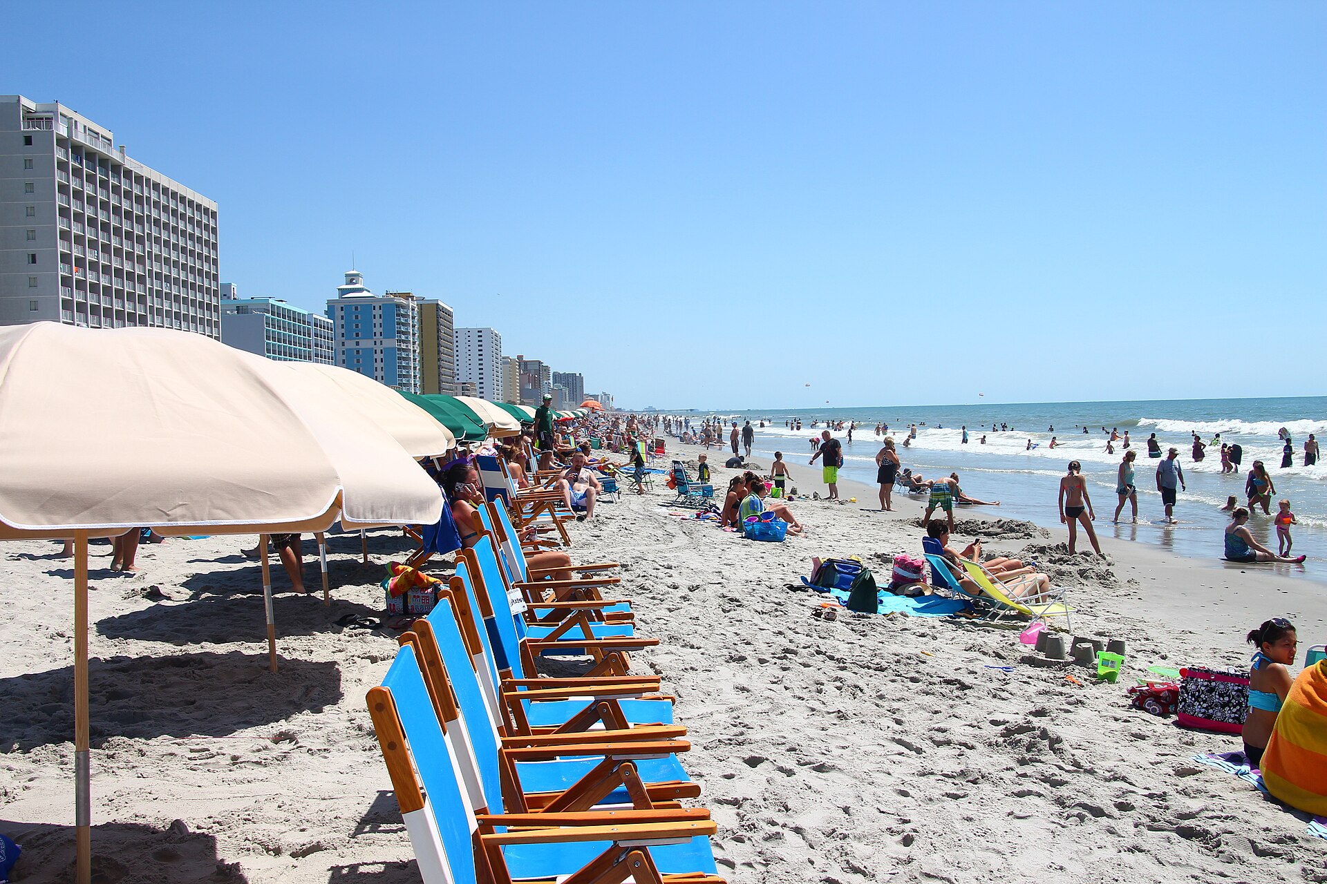 The oceanfront of Myrtle Beach, South Carolina, seen from above, with high-rise resorts lining the wide sandy beach and the Atlantic running the length of the Grand Strand.