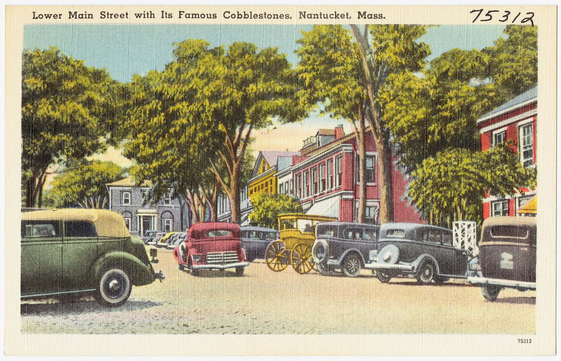 Cobblestoned Main Street in Nantucket town lined with brick and grey-shingle buildings under bright summer light.