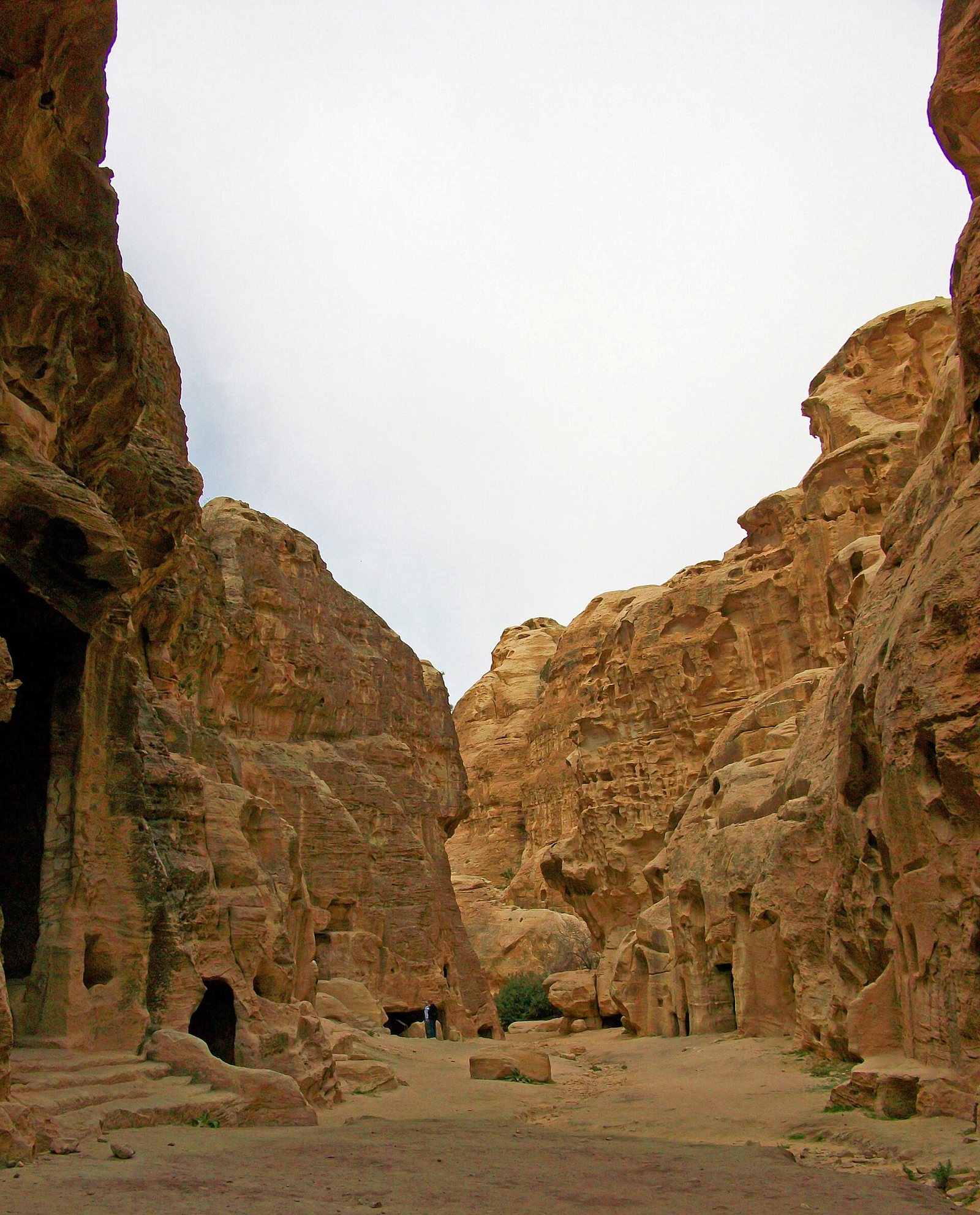 A narrow canyon with high sandstone walls features carved structures and former Nabataean dwellings on both sides under an overcast sky.