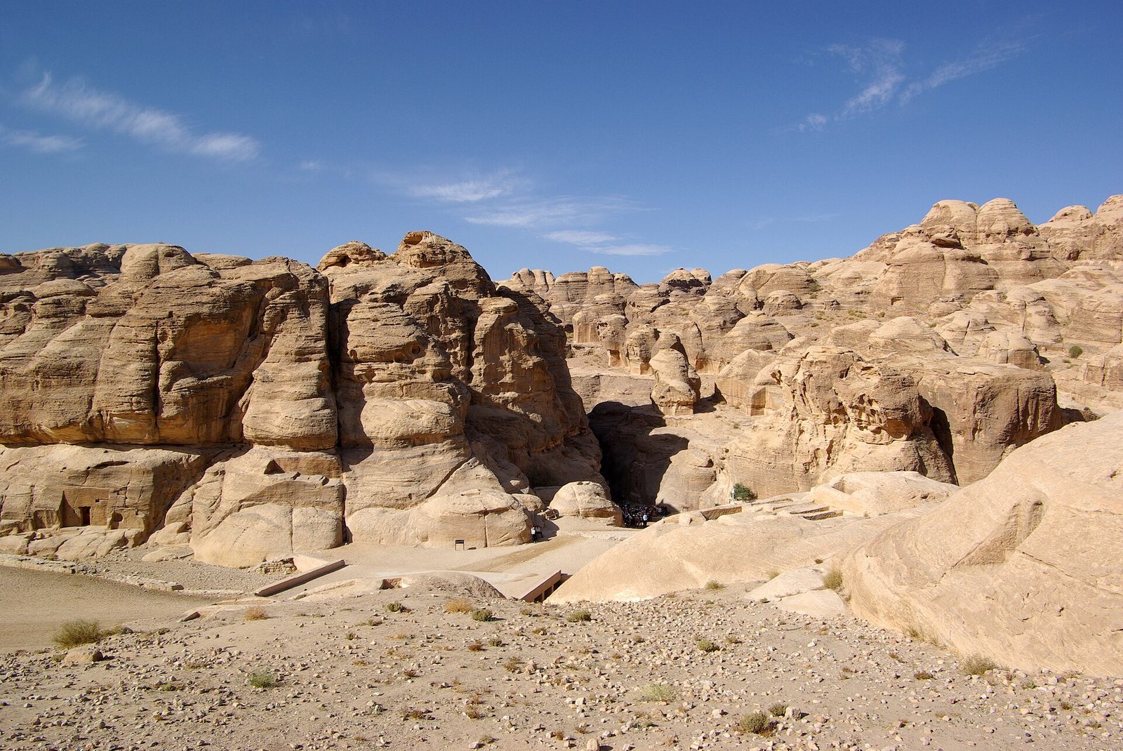 A narrow path winds through a deep gorge with tall, layered sandstone walls under a bright sky, with a small tree growing from the left wall.