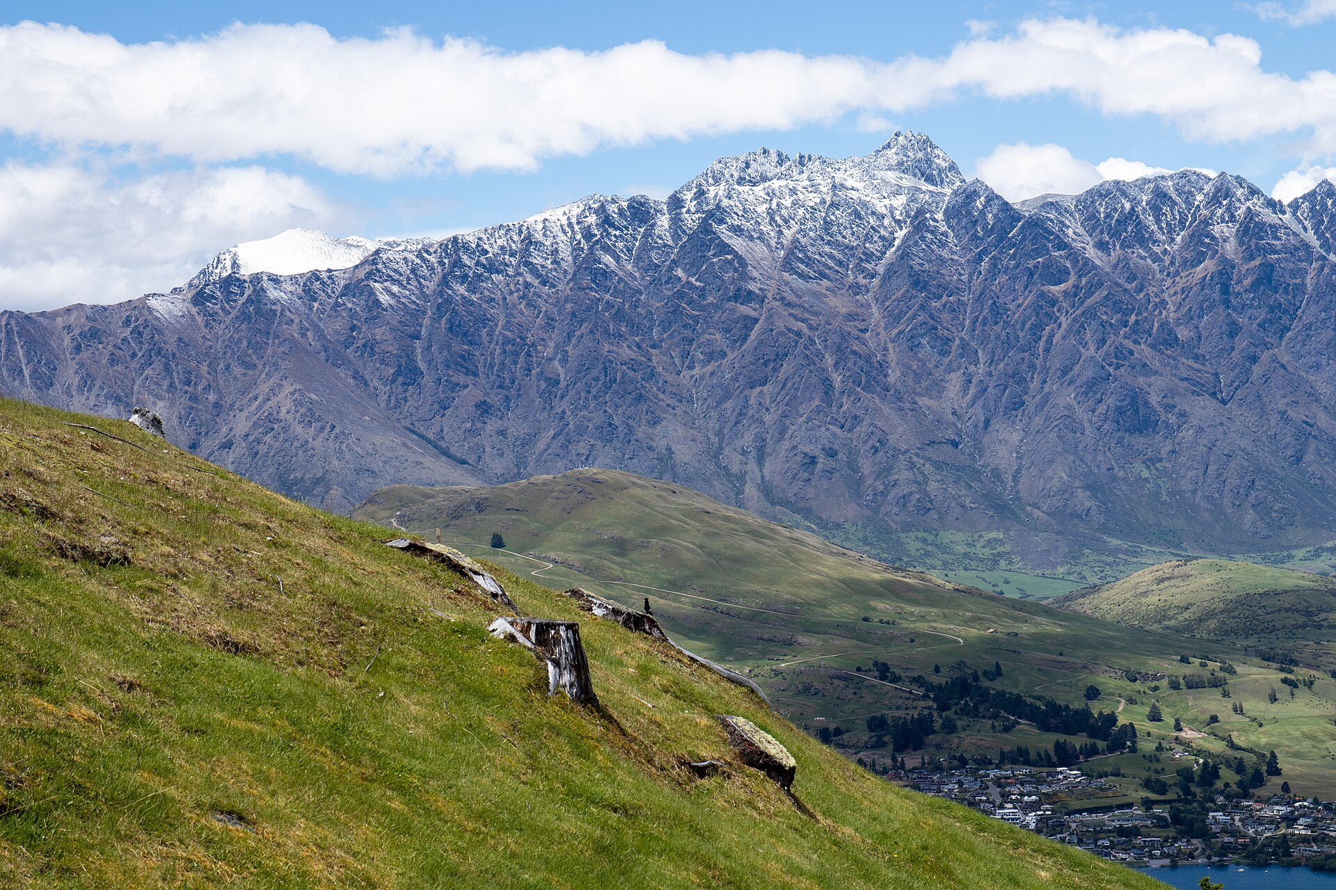 The steep, serrated Remarkables range rising above Lake Wakatipu near Queenstown.