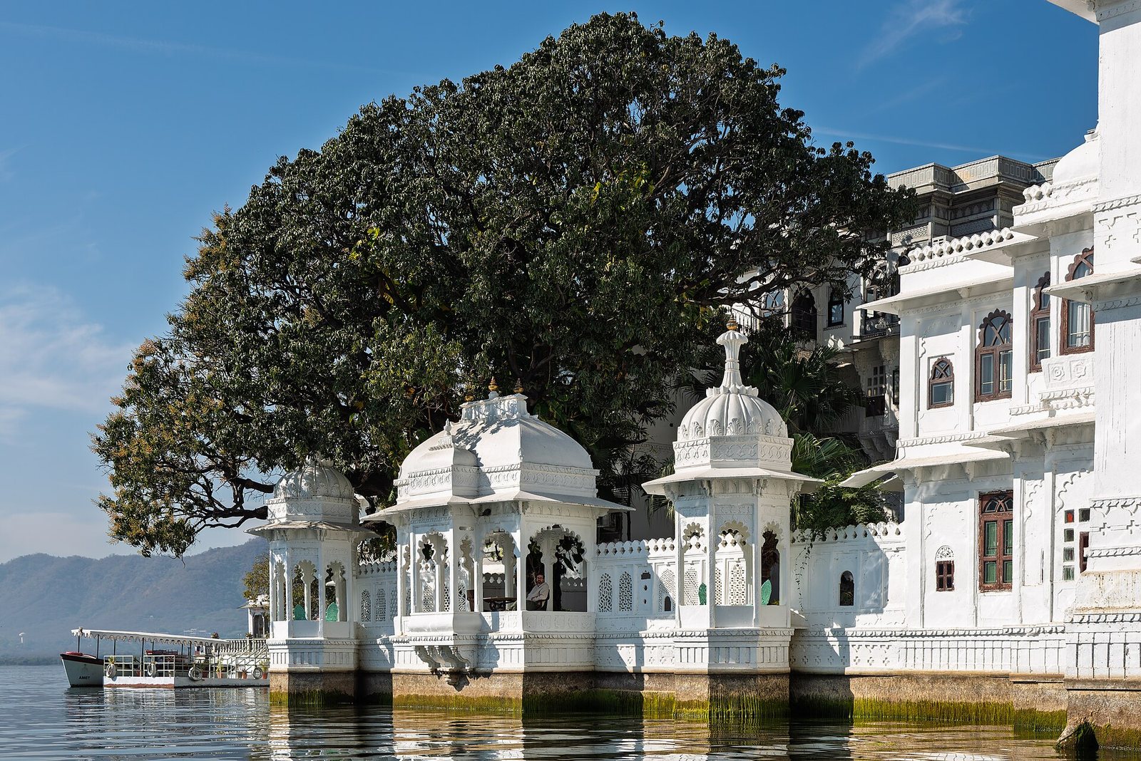 A white palace building with domed pavilions and intricate details stands on the water, with a large green tree behind it and distant hills under a blue sky.