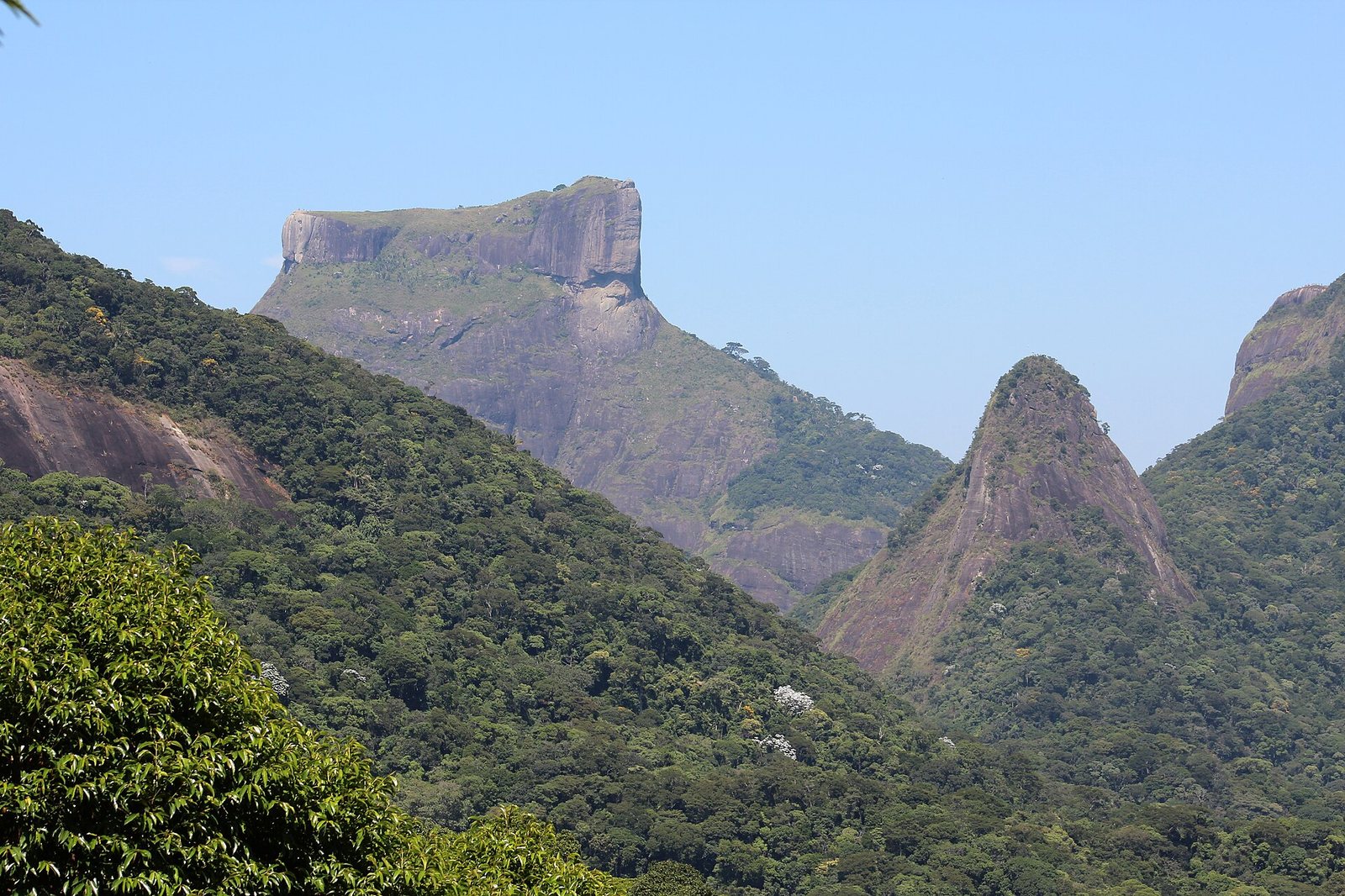 A large, flat-topped mountain rises above dense green forest and other peaks under a clear blue sky.
