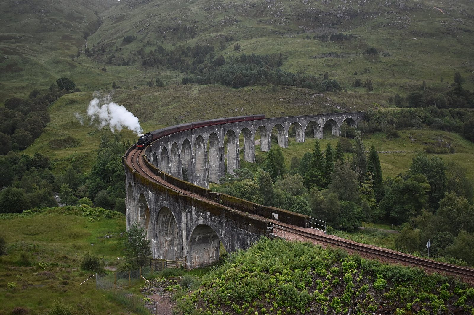 A steam train with multiple carriages travels across a long, arched stone viaduct in a green, hilly landscape under an overcast sky.