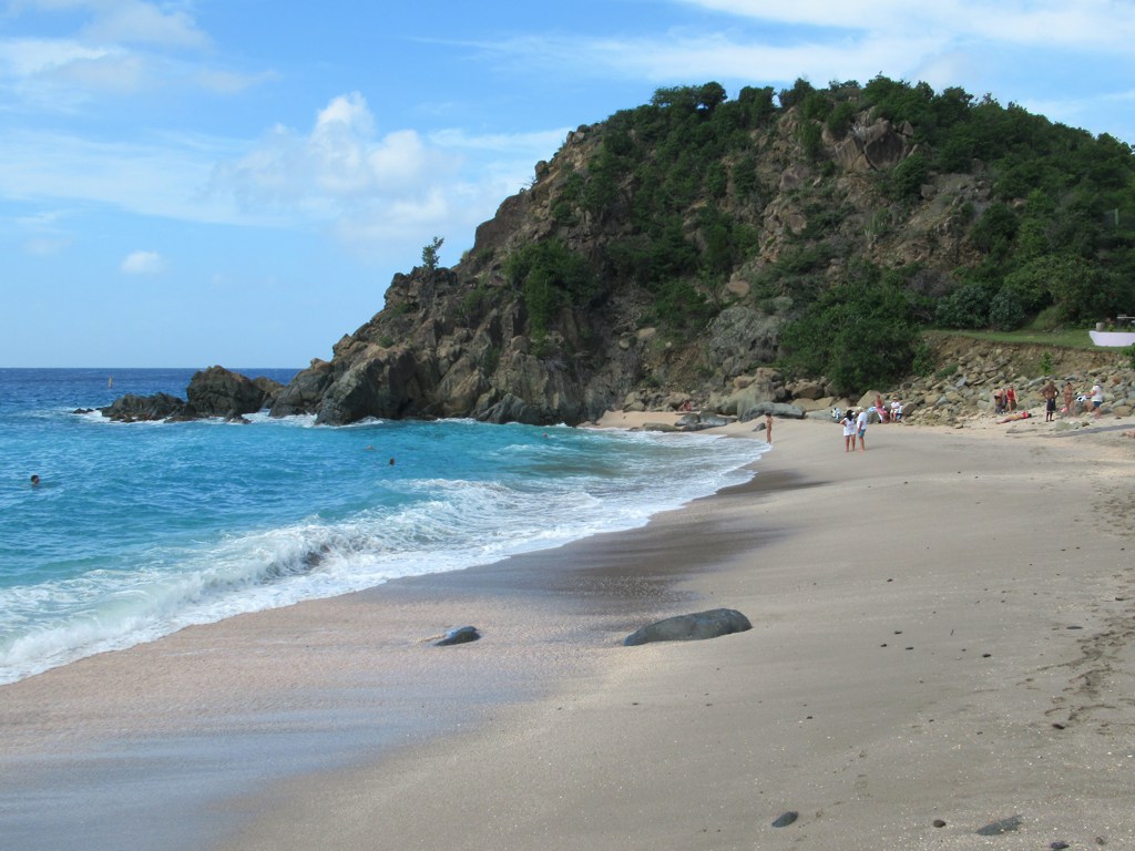 Pale sand and calm water at Shell Beach in a rocky cove just below Gustavia on St. Barthelemy