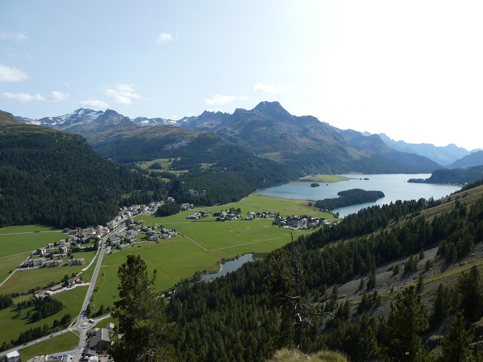 An aerial view shows Lake Sils, two villages, green fields, and forested slopes, with mountains under a clear sky.