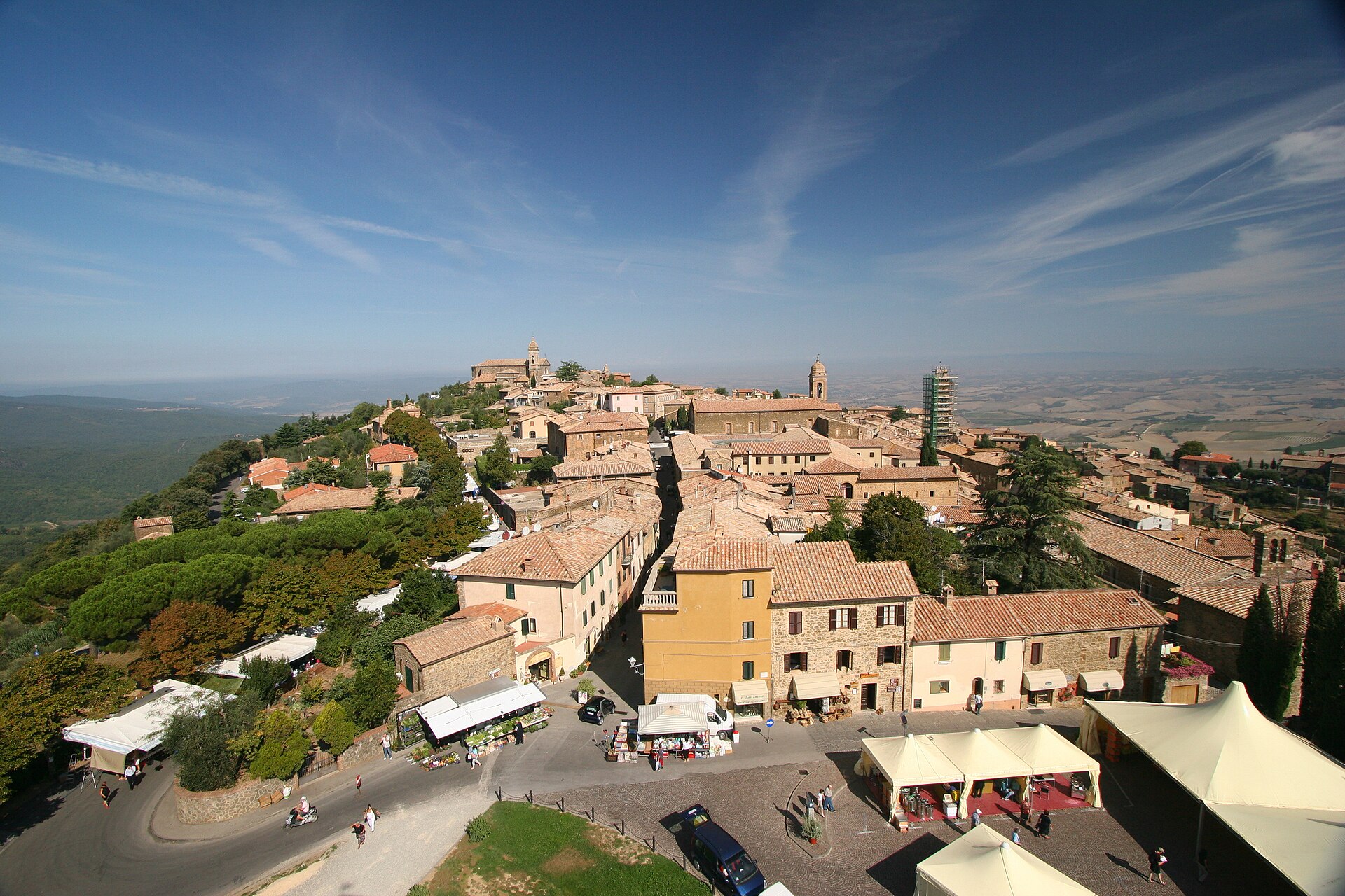 The hill town of Montalcino in Tuscany, its stone houses and fortress rising above the vineyards