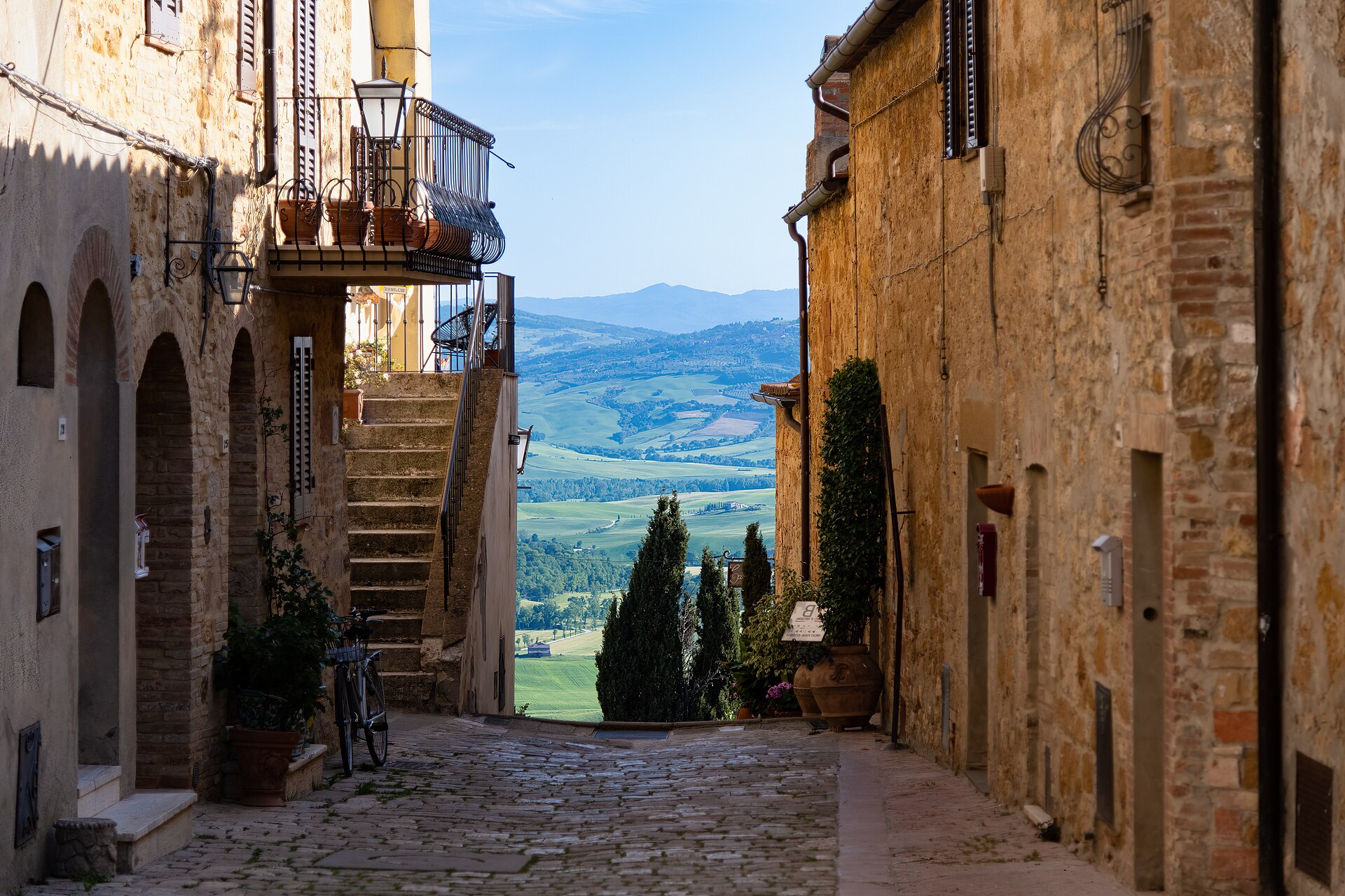 The Renaissance town of Pienza on a ridge in the Val d'Orcia, with the valley behind