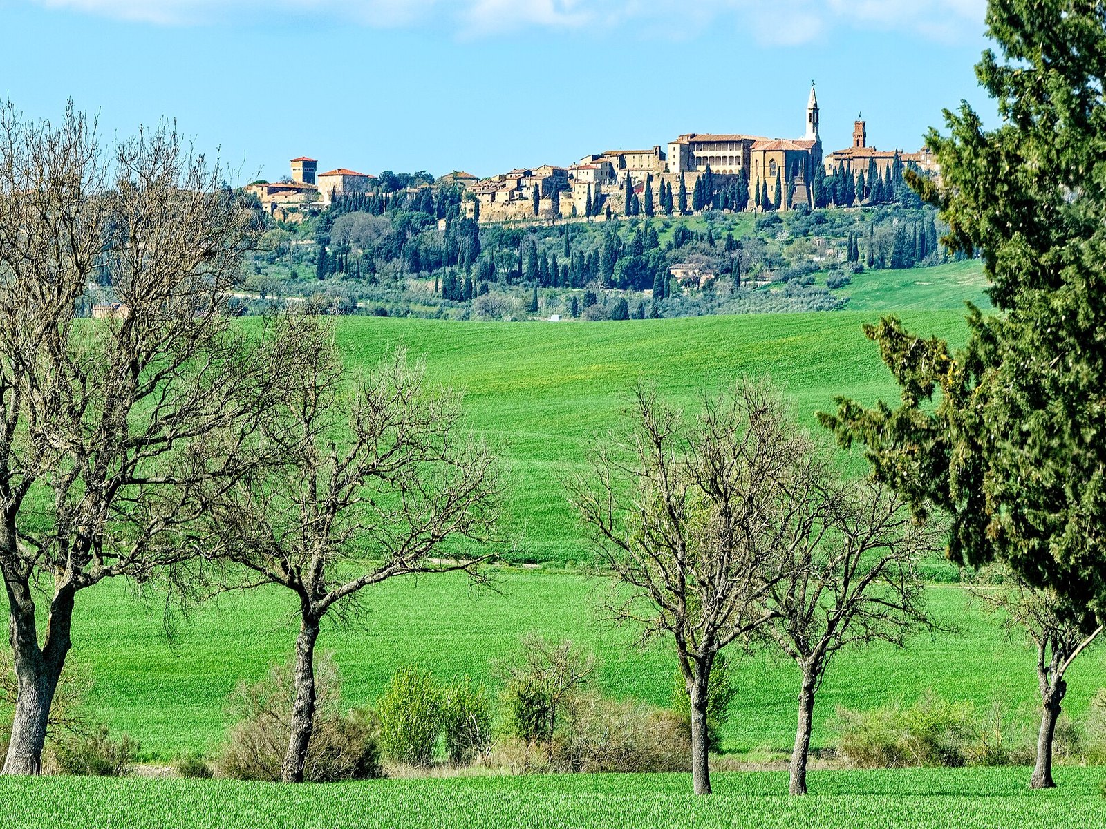 A hilltop town with a prominent tower above green fields and bare trees, with a blue sky and white clouds