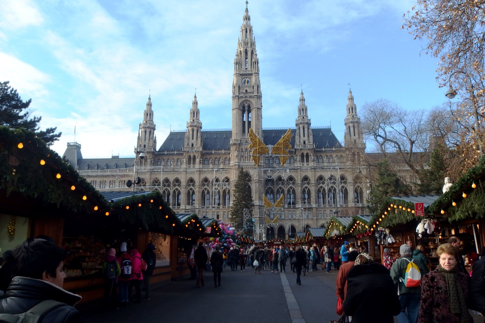 Wooden stalls strung with lights fill the square in front of Vienna's floodlit City Hall on a winter evening.