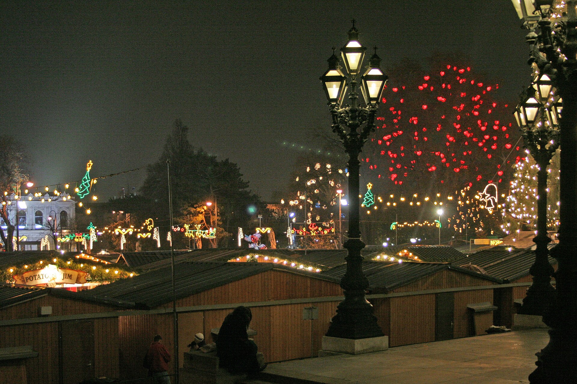 Wooden stalls strung with lights fill the square in front of Vienna's floodlit City Hall on a winter evening.