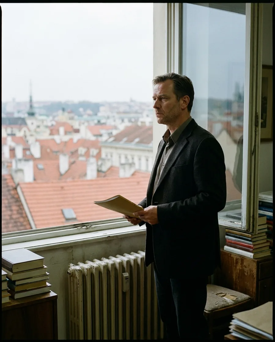 A city housing councillor at a window over the rooftops