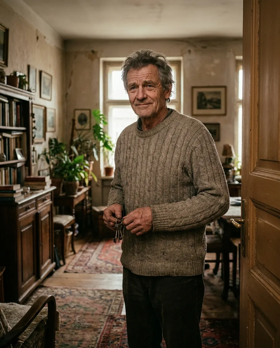 An independent apartment host in a doorway holding keys
