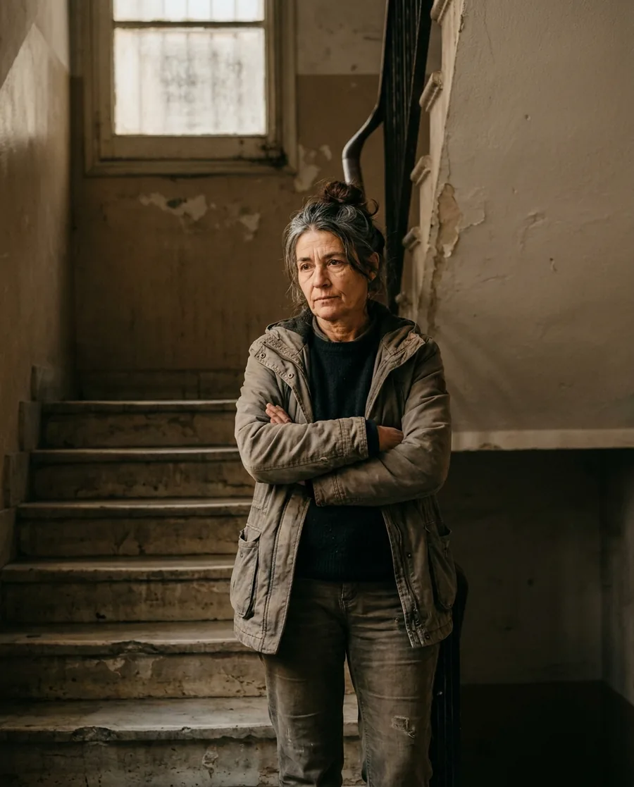 A tenants'-union organiser on a residential staircase