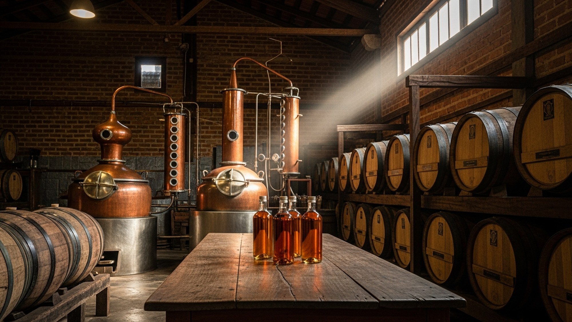 The interior of a traditional cachaça distillery with copper pot still and wooden aging barrels