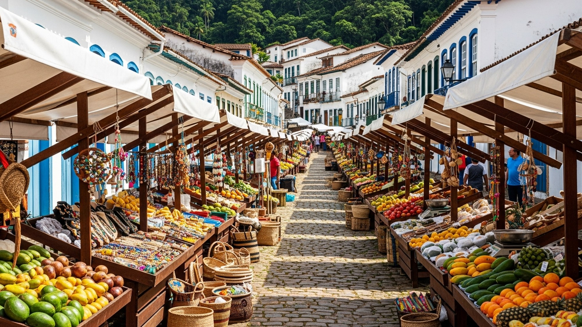 A colorful open-air craft and produce market with wooden stalls under white awnings in a colonial town