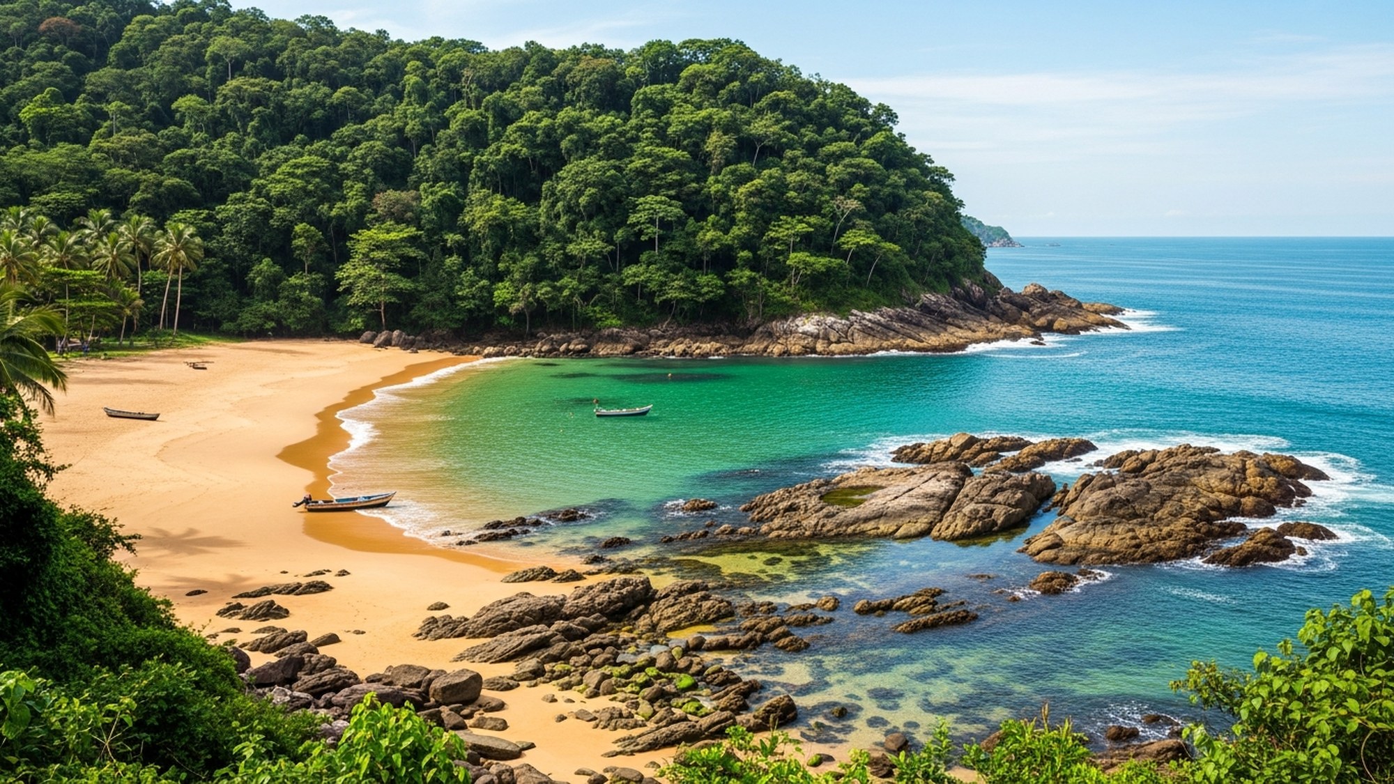 A forested cove at Trindade near Paraty with golden sand, clear turquoise water and small fishing boats