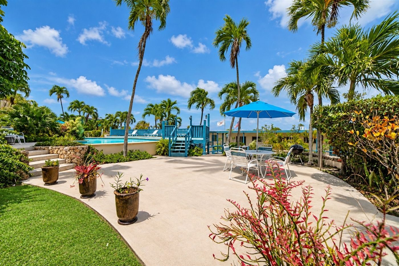 Pool terrace with potted flowers, palm trees and a blue umbrella, the pool beyond
