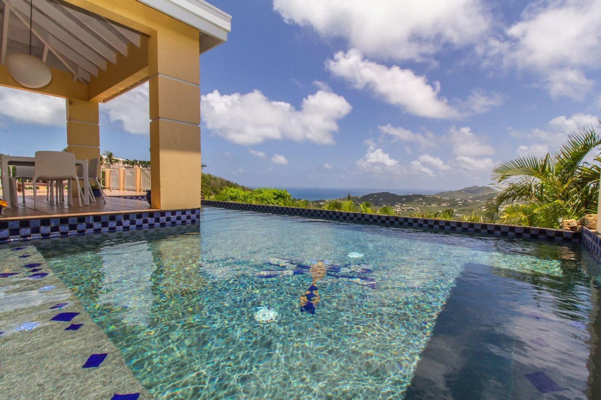 Infinity pool with a blue tile dragonfly on its floor, looking out from a covered terrace over green hills to the sea