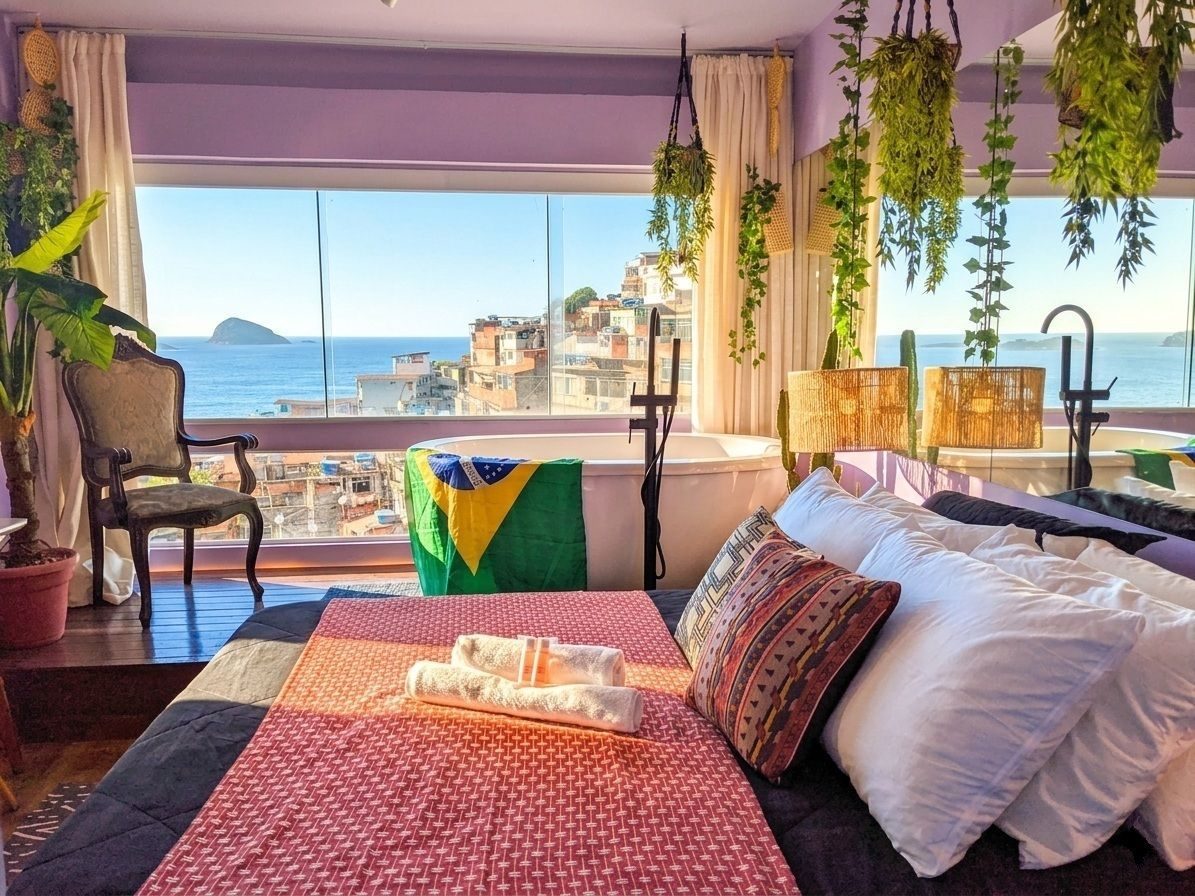 Bedroom with a freestanding soaking tub facing floor-to-ceiling windows over the Atlantic and Vidigal's hillside
